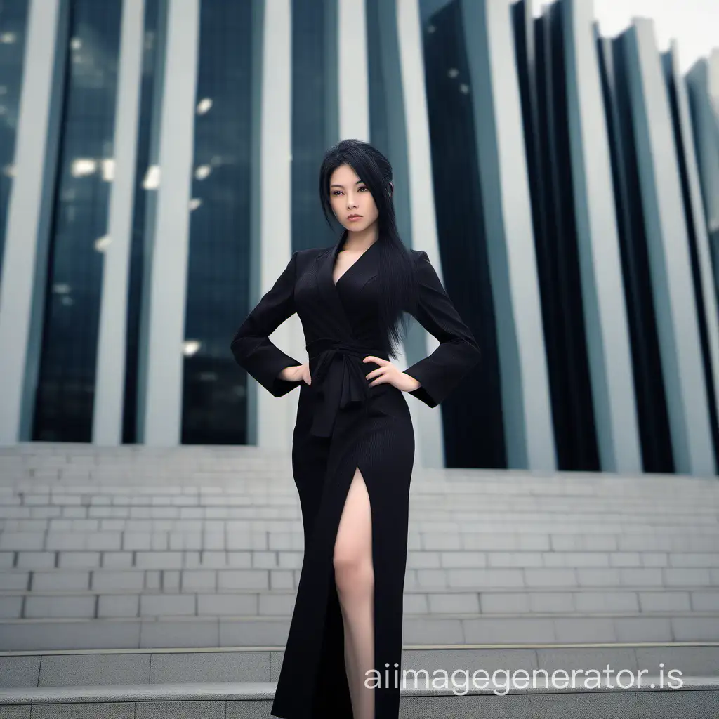 photo of a very beautiful young woman, full perfect body, executive black clothing, tied hair, black hair, Japanese, hyperrealism, 8K UHD, realistic skin texture, imperfect skin, filmed with Canon EOS 5D Mark IV, highly detailed, masterpiece, perfect hand, photo in front of a luxury building