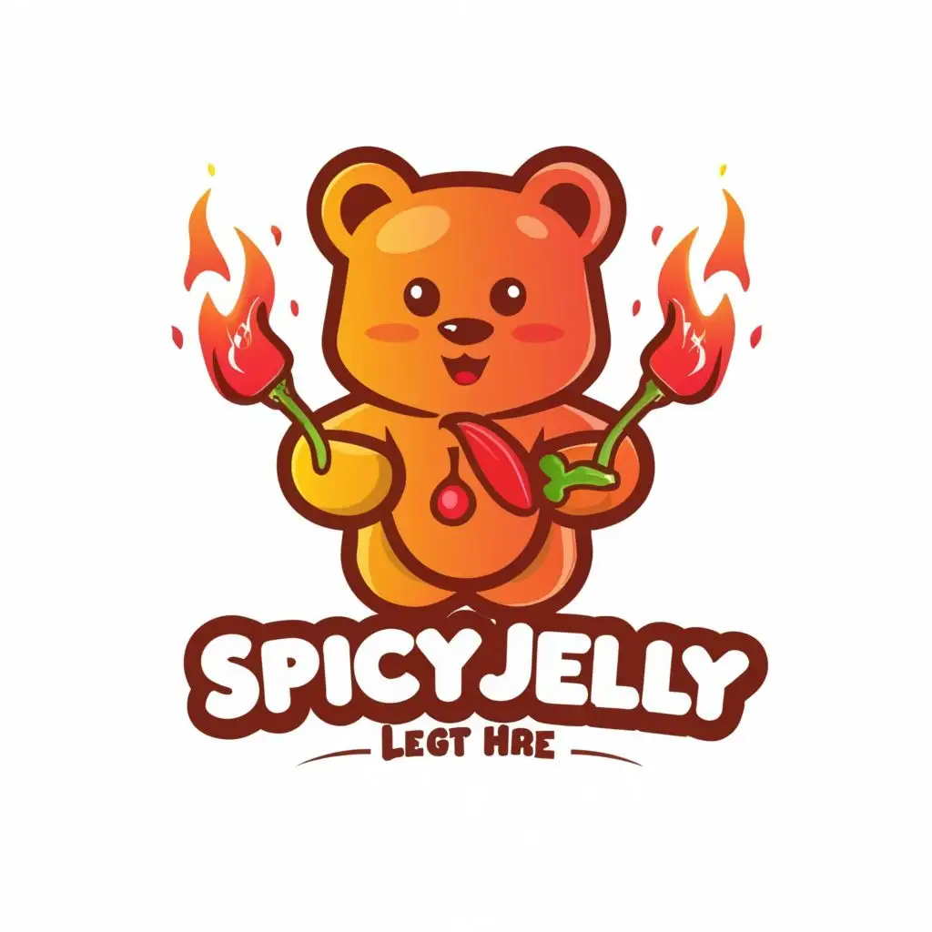 logo, a gummy bear holding a catching fire pepper, with the text "spicy jelly", typography, be used in Restaurant industry