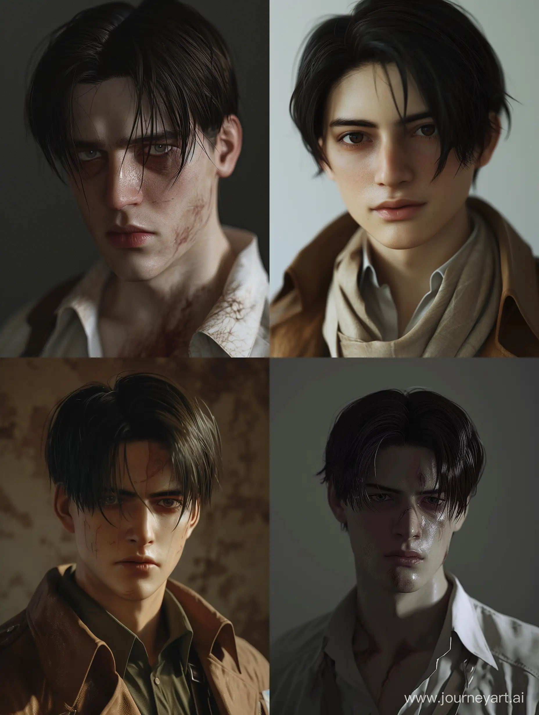 Hyper Realistic Levi Ackerman from Attack on Titan anime, in his 30s, mature, with normal dark circles