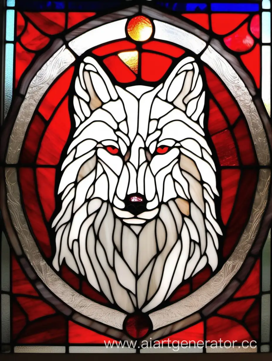 Витраж портрет белого волка на красном фоне