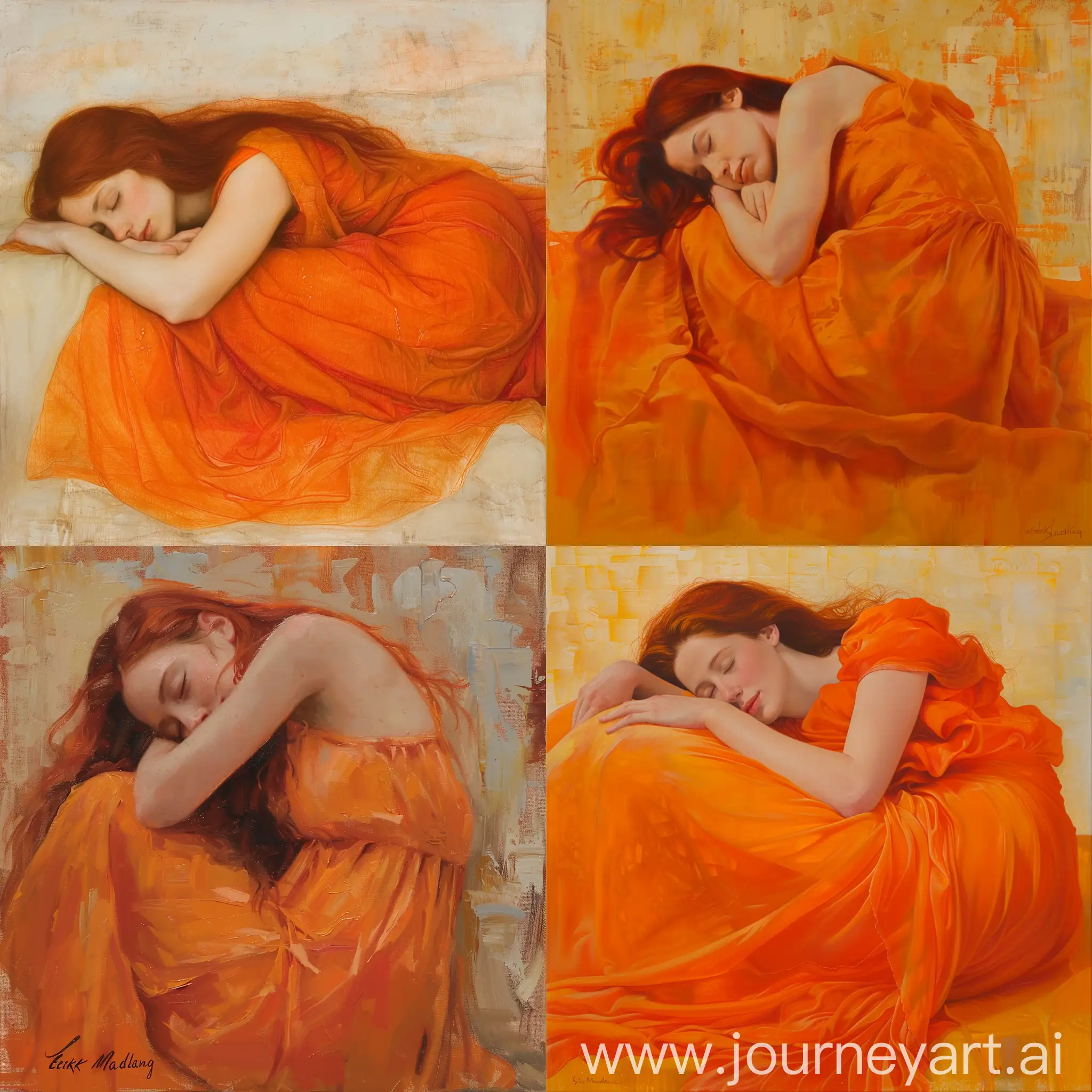 A woman sleeps, she is curled in on herself, head resting delicately in one arm, her hair is long and red, her body swathed in a diaphanous orange gown providing sufficient coverage and saturation to make the canvas blaze.
in the style of Erick Madigan Heck --style raw