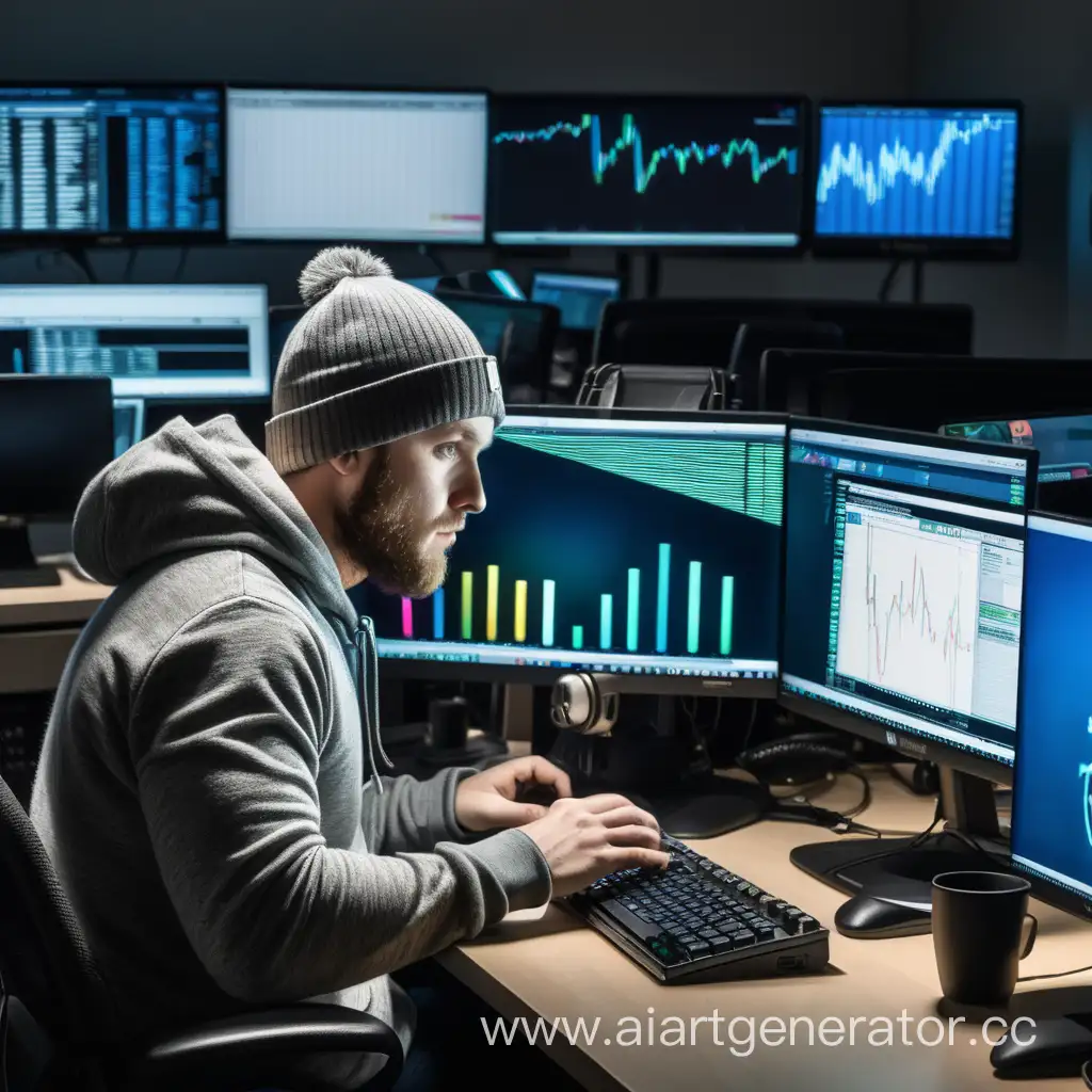 30-year-old white man, alone, in grey beanie working at a Bloomberg terminal while at night, in his office, with energy drinks