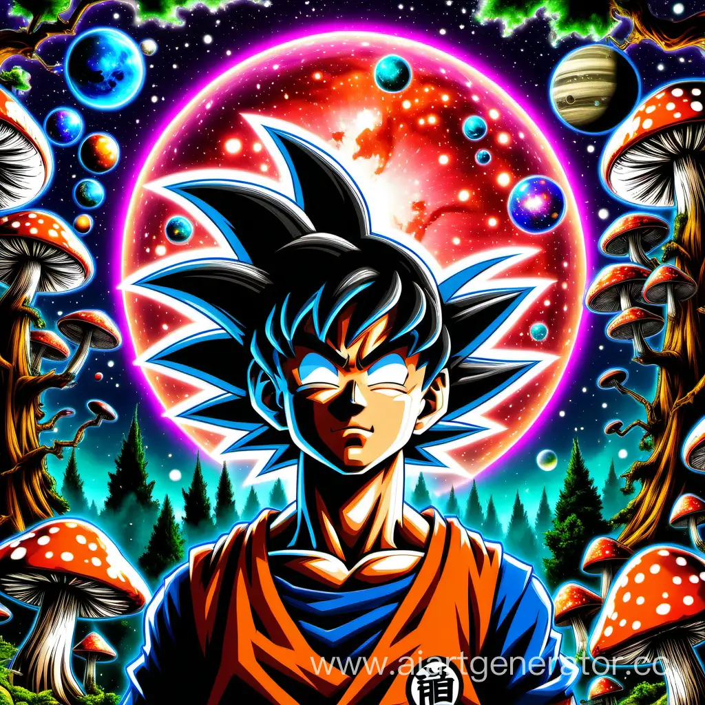 Goku high on magic mushrooms in neon magical forest with planets in the sky with a face of Goku with universe filled eyes