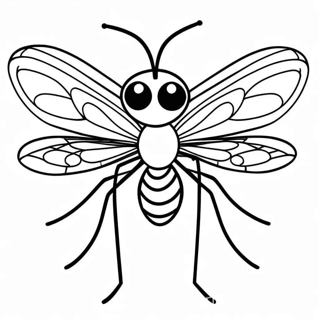 Super cute Mosquito, Coloring Page, black and white, line art, white background, Simplicity, Ample White Space. The background of the coloring page is plain white to make it easy for young children to color within the lines. The outlines of all the subjects are easy to distinguish, making it simple for kids to color without too much difficulty