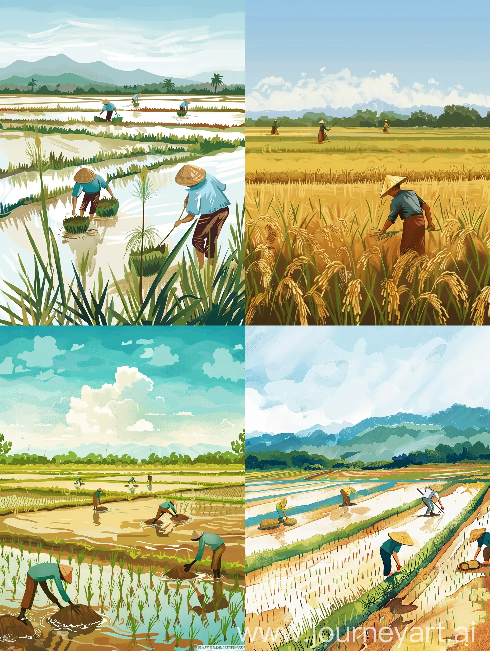 稻田，插画风，农民劳作，平原