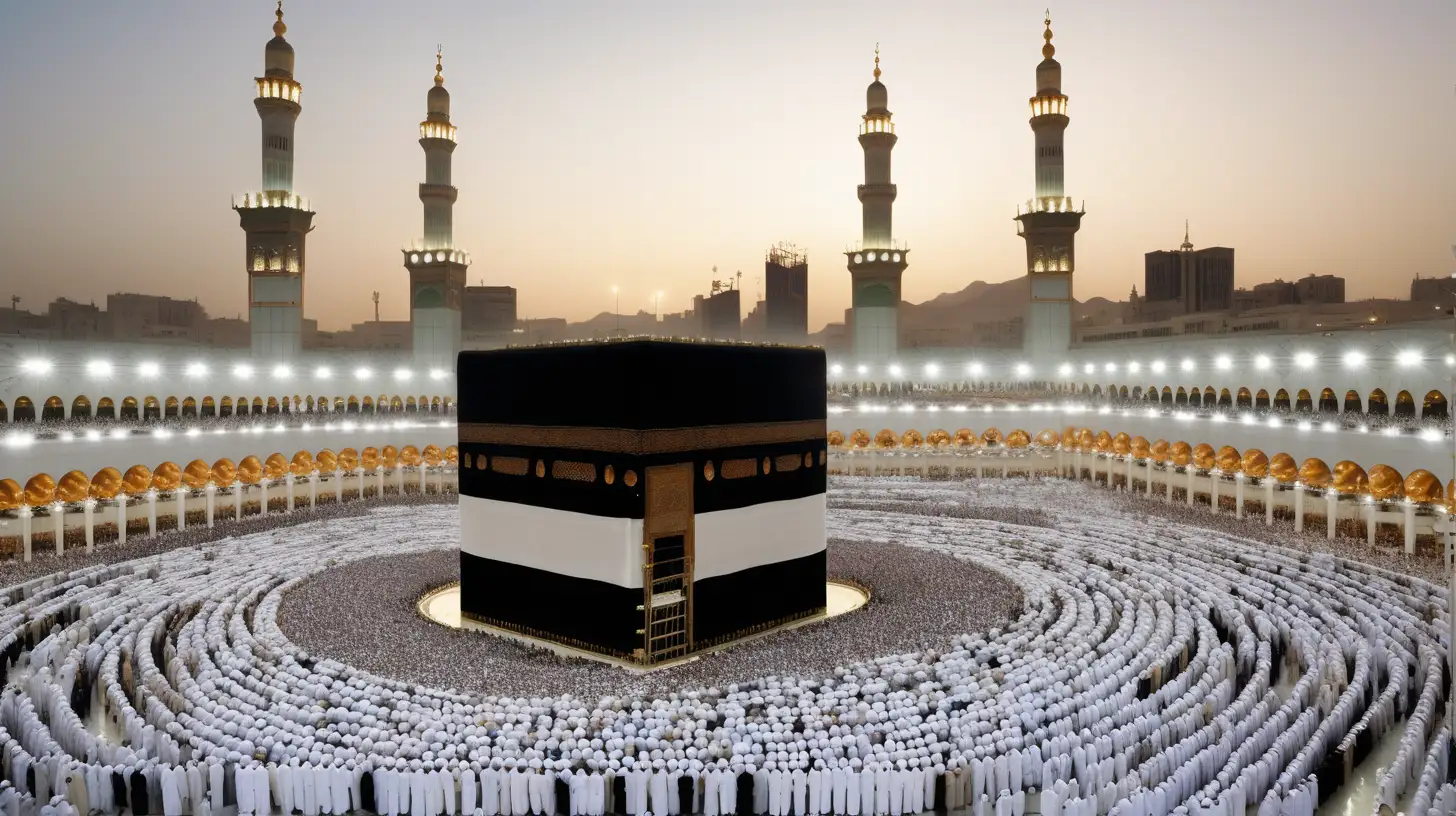 Mecca's Grand Mosque, with thousands of people wearing ihram clothes surrounding the Kaaba, taken with a DSLR camera, in the morning, natural lighting, realistic image, detailed image of the Kaaba, (kaaba), hijr ismail, maqam ibrahim.