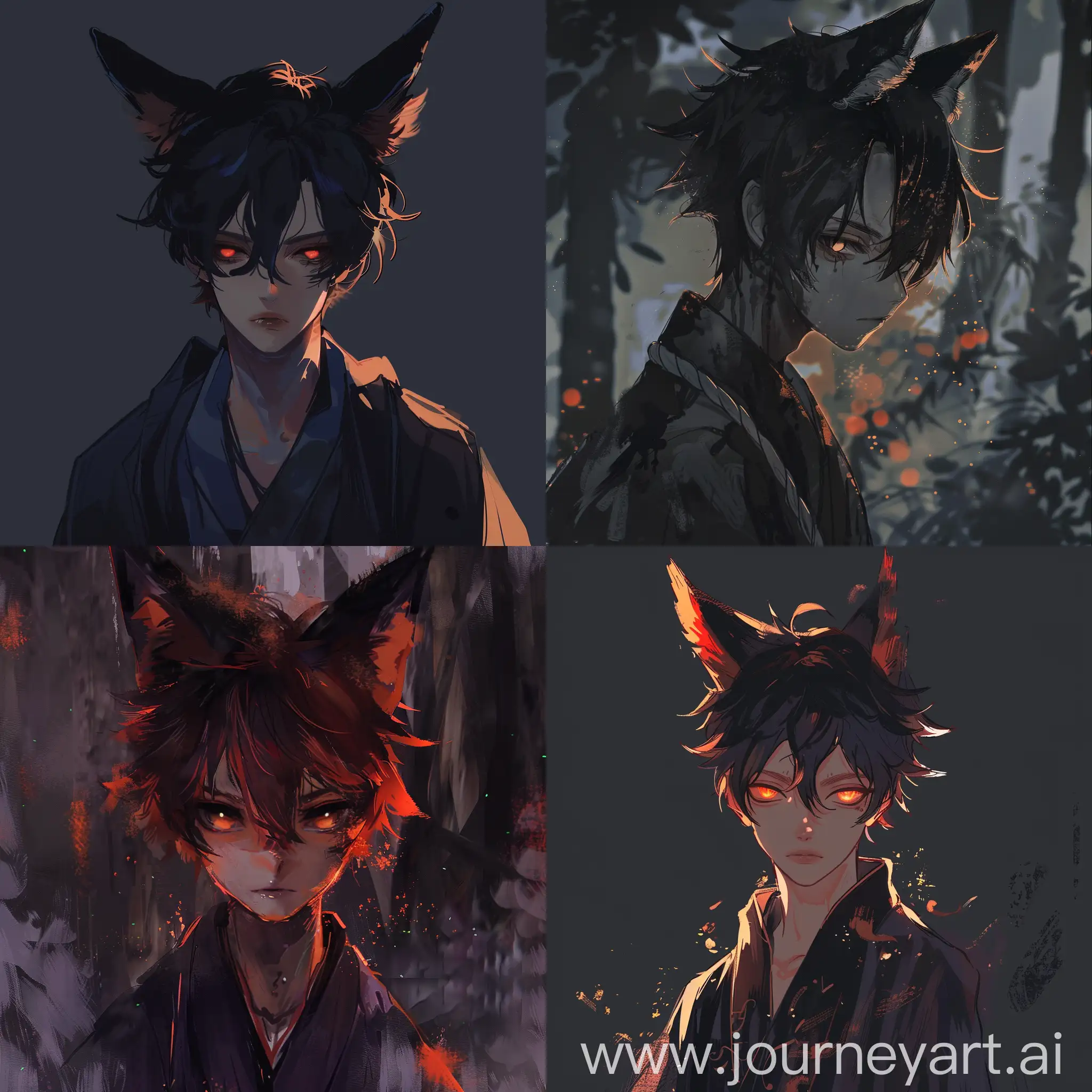 anime boy design, fox ears, dark color palette, yokai