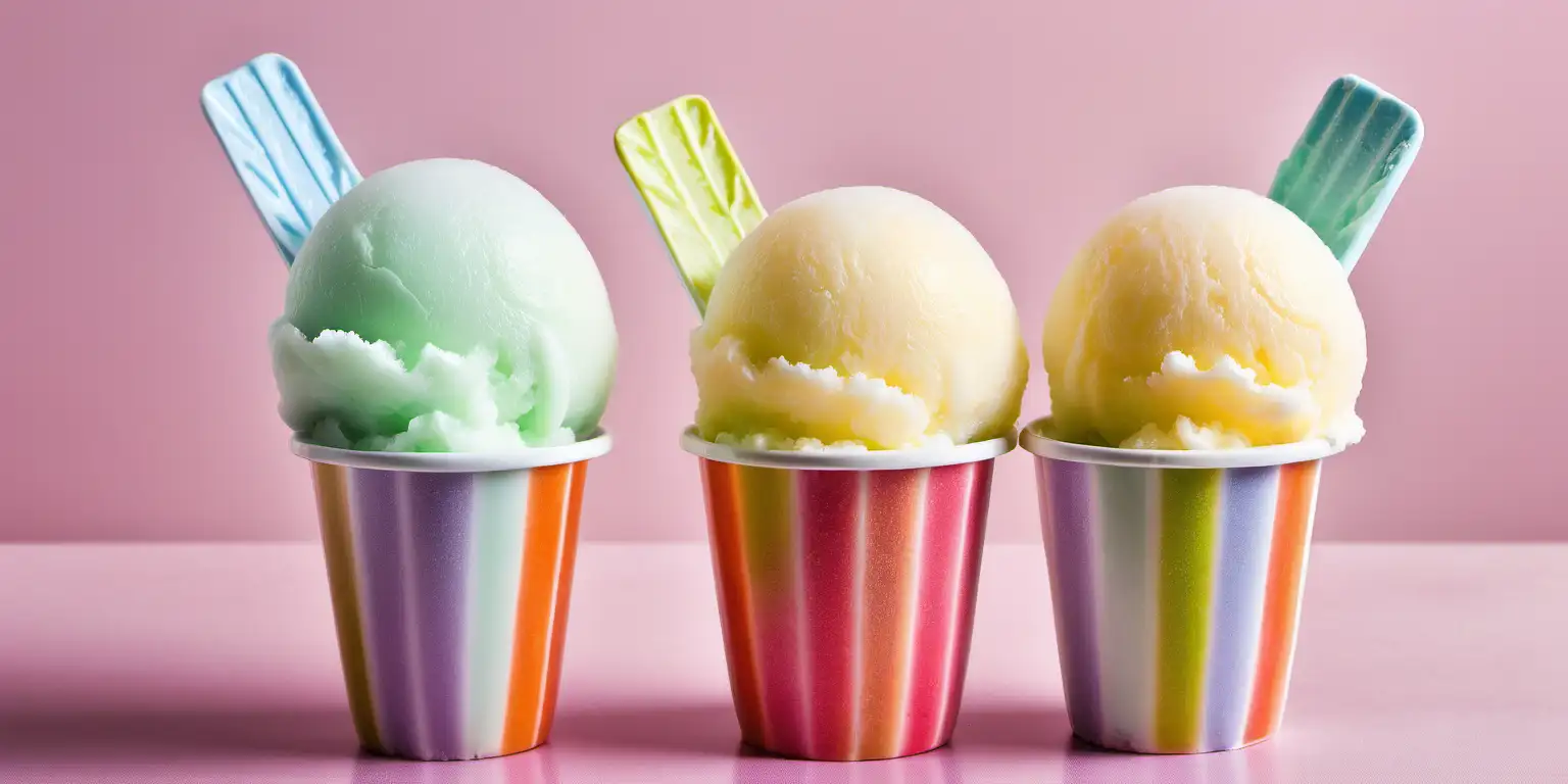 Create a collage of creamy bright colored Italian ice scoops in a striped cup