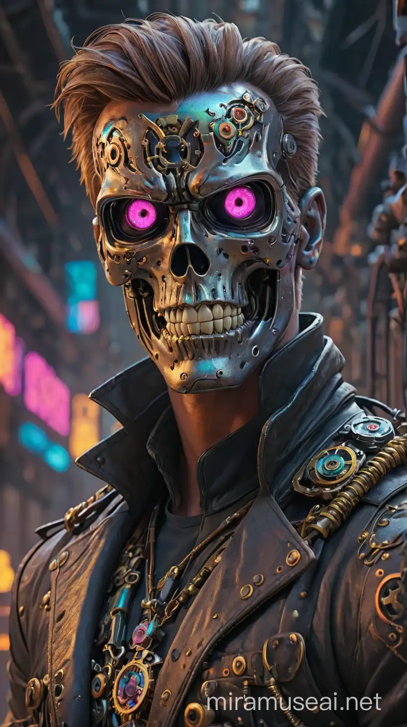Psychedelic Steampunk Terminator in Surreal Landscape