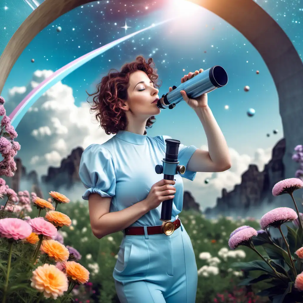 a trendy astrologer woman, in her 30s, holds a telescope, white skin, short brown curly hair, wears pastel blue trendy futuristic outfit, eyes closed, dreaming, fantasy garden, looking at the sky, very happy, there are planets above her head and the sun is blazing down bright, archway, waterfall, flowers, planets around her head
