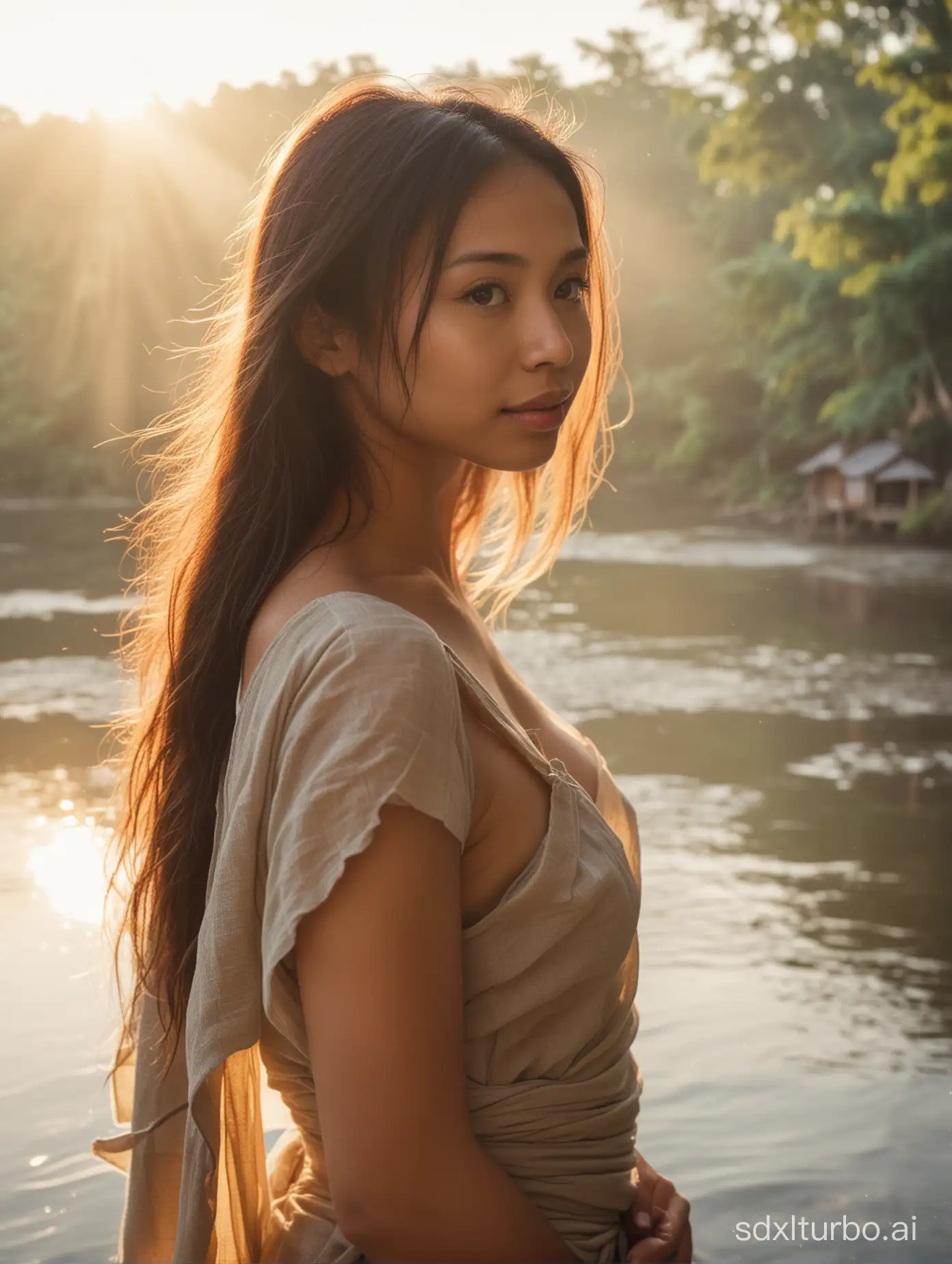 Closeup side portrait photo of very slim Filipina woman standing looking to the side. Mesmerizing sunrise over a river in the morning mist. Medieval time. Wooden fishing houses on river banks in background. Rainforest in far distance. Strong sun rays. Wearing open front Low cropped loincloth shirt. Revealing, Small Flat sagging breasts. Film grain, masterpiece, soft hairs. Bokeh. Photo taken from side using 120mm vintage lens.