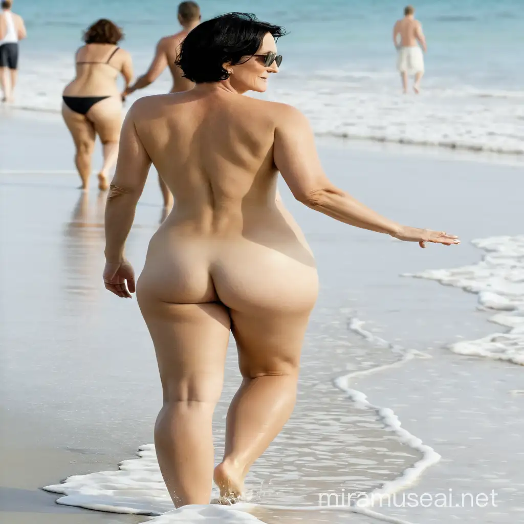 Carrie Anne Moss, walking, beach, completely naked from head to toe, short hair, photorealistic, curvy, full body back view, from behind