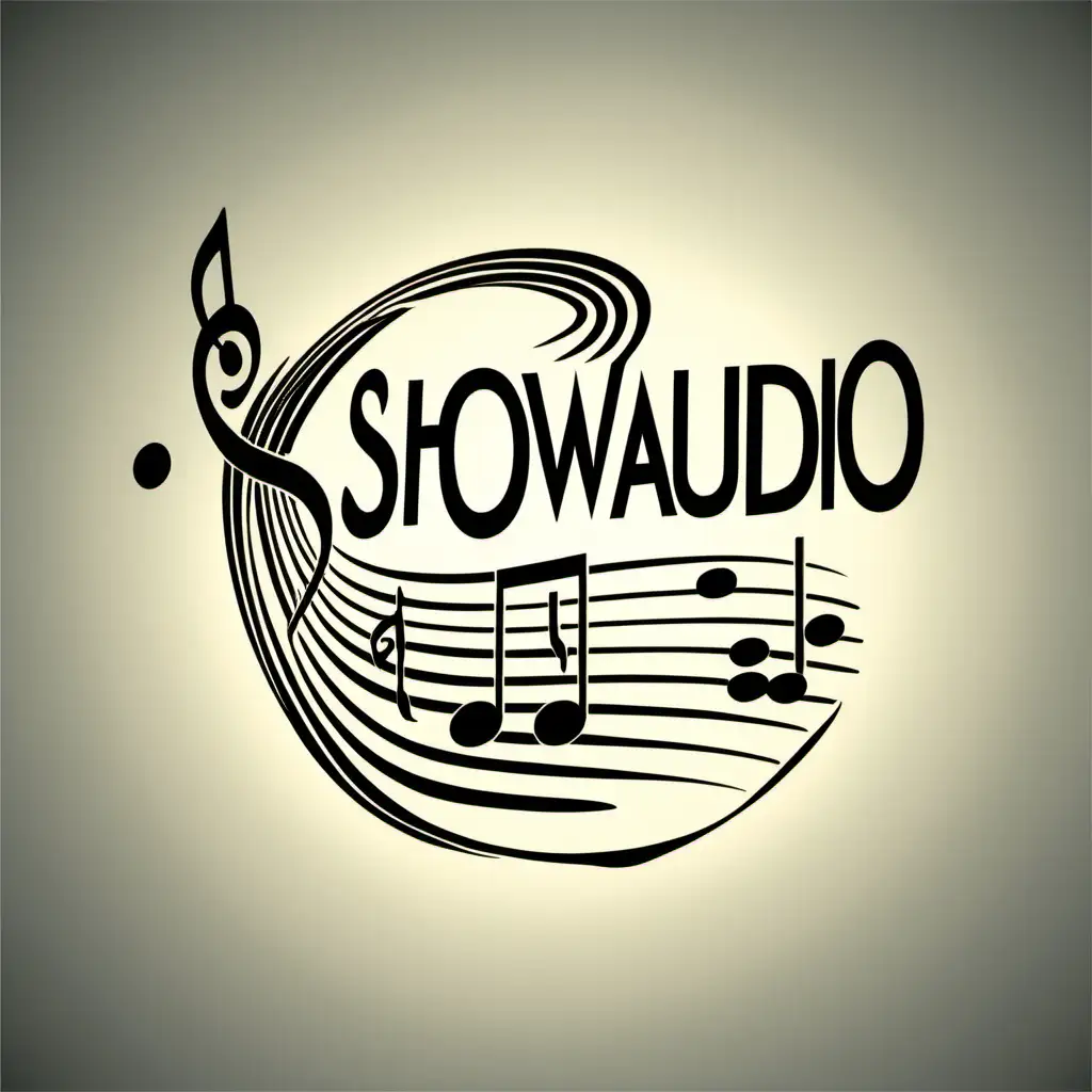 logo for showaudio written , with music note, speaker 
