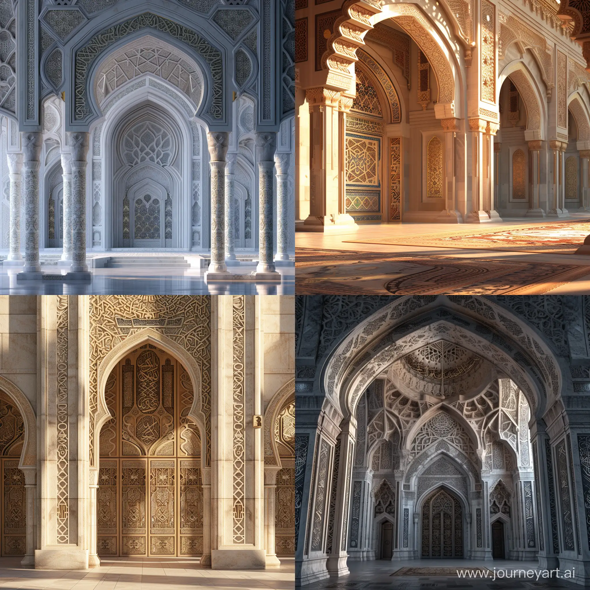majestic mosque with intricate architectural details, adorned with delicate calligraphy and ornate geometric patterns, emanating a sense of serenity and grandeur. Realism, HD, 8K.