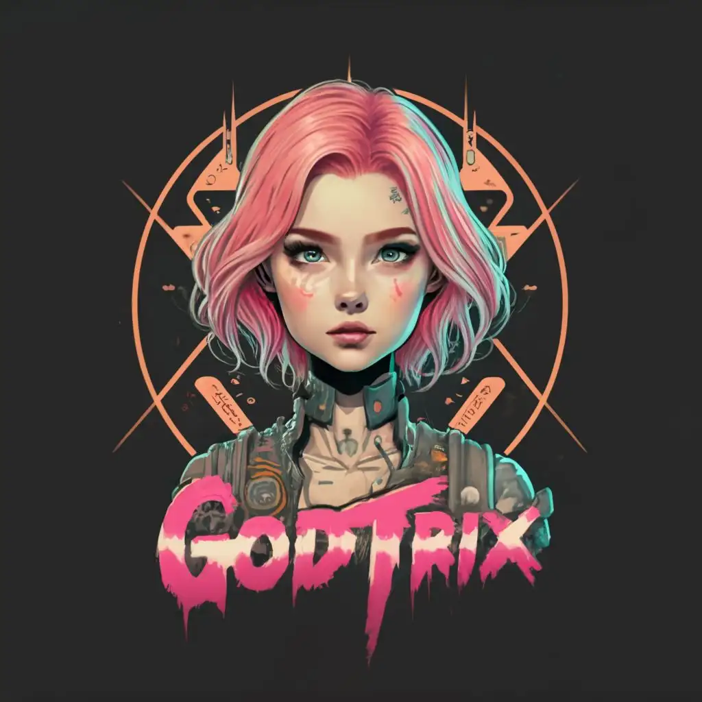 logo, Pink haired girl in future, with the text "Godtrix", typography