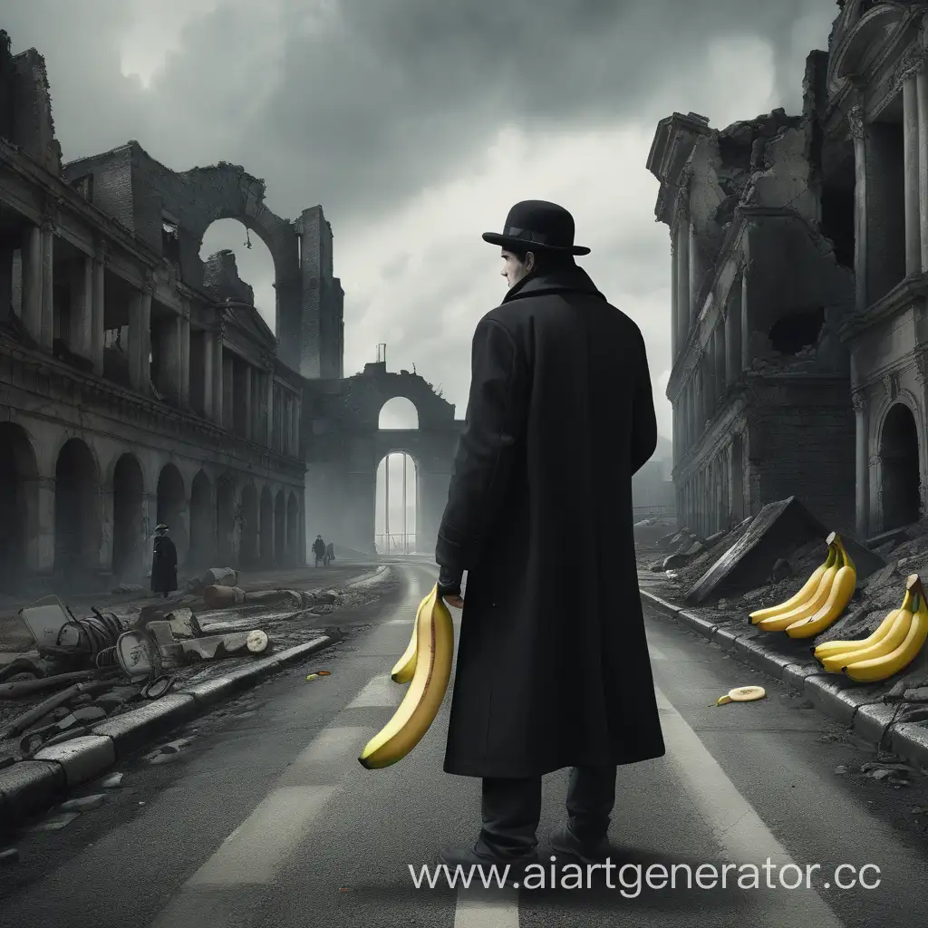 a ruined city. road. there is a man in a black coat with a hat and holding a banana