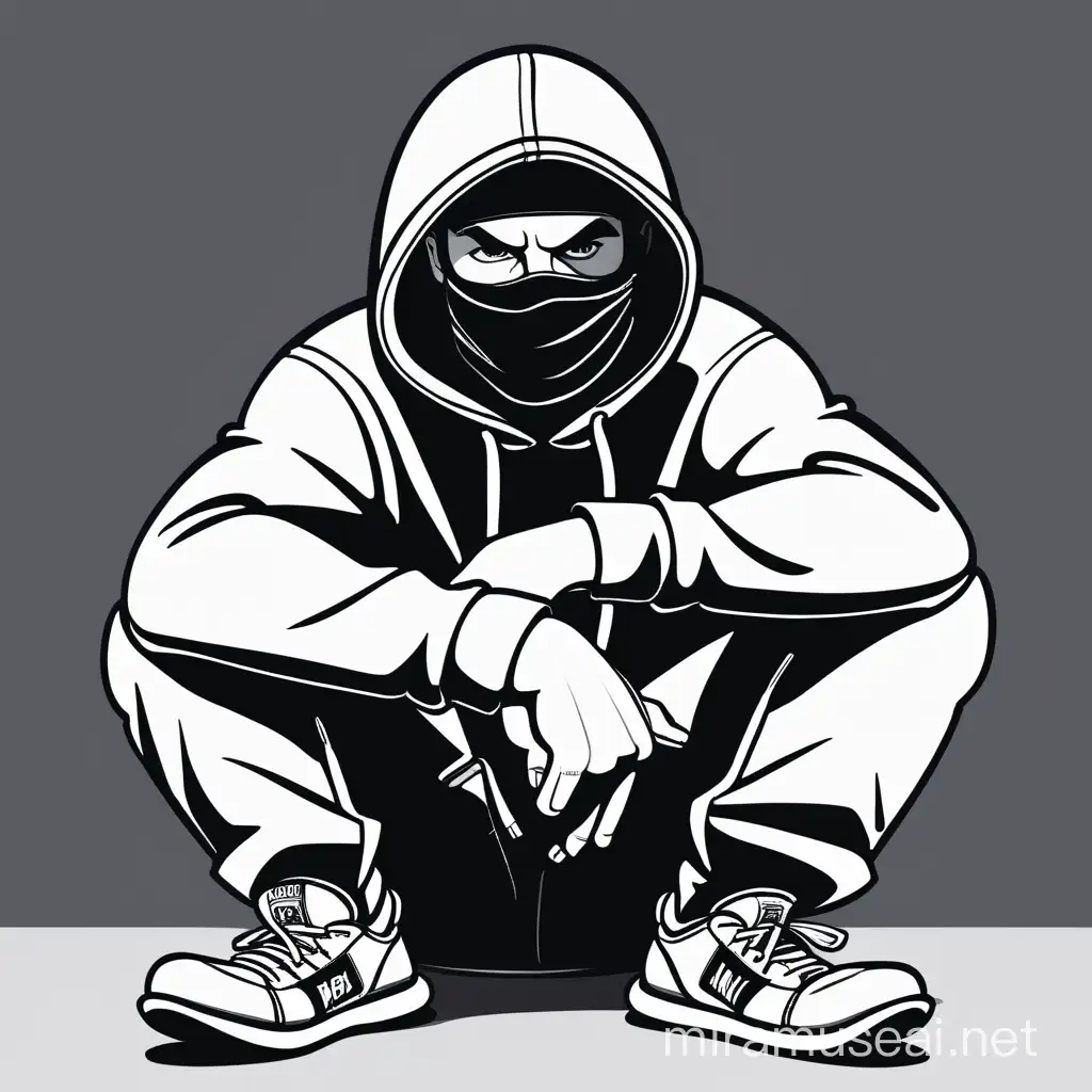 cartoon man hooligan sitting with arms on legs, in hoodie and balaclava