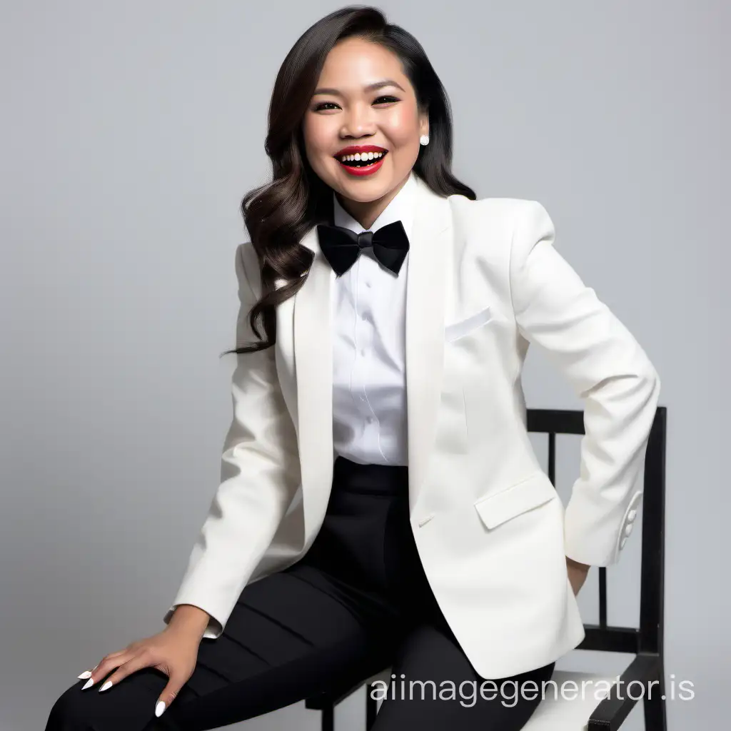 a sitting, smiling and laughing Filipino woman with shoulder length hair and lipstick wearing an ivory tuxedo, wearing a white shirt, wearing a black bow tie, wearing black pants, wearing black high heels