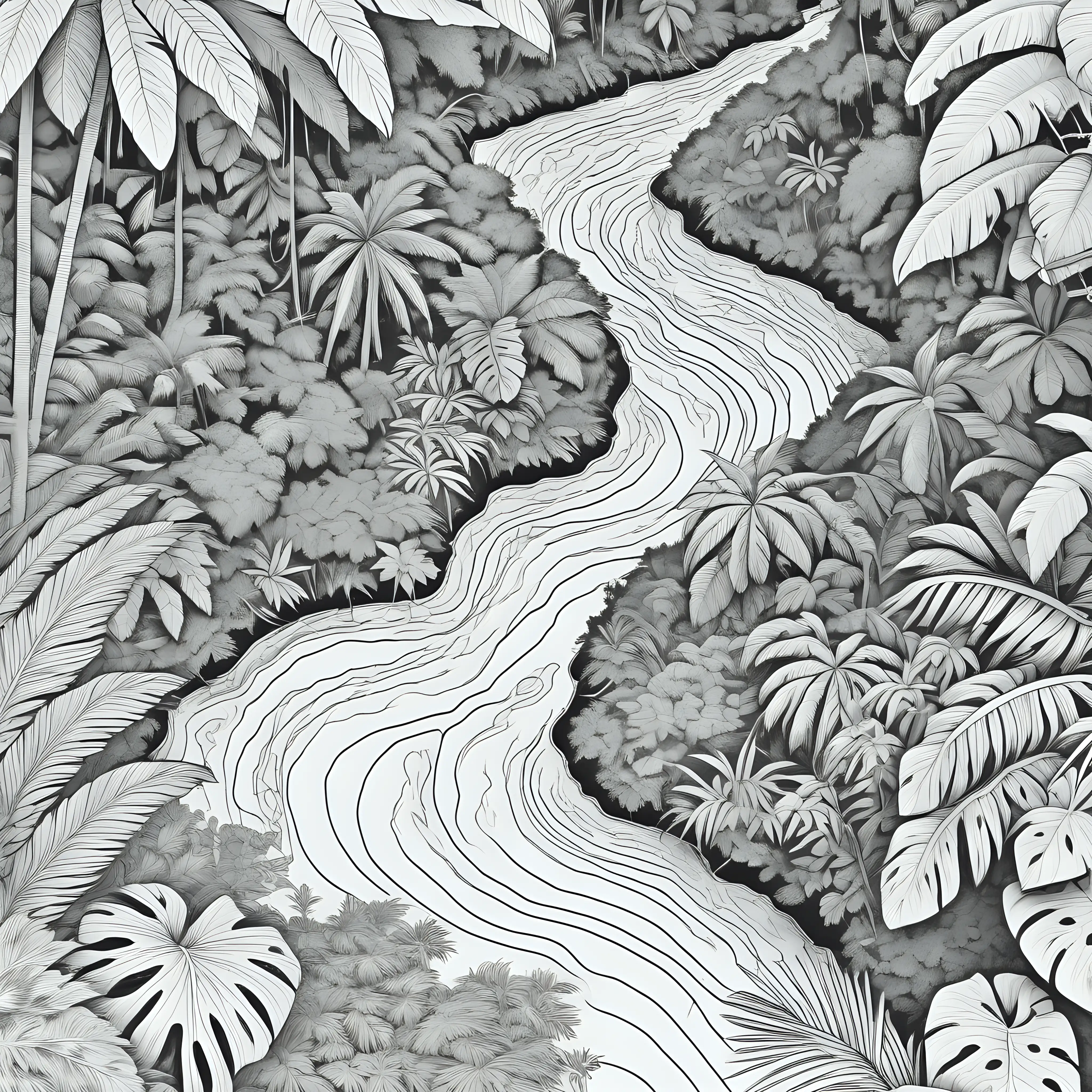 low detail coloring page of an overhead view of a tropical river snaking through a jungle