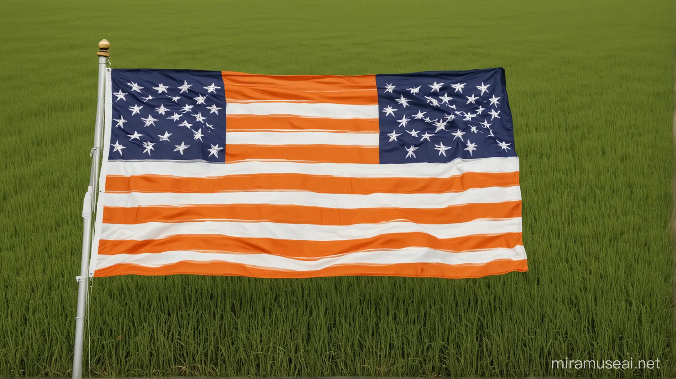 An American style flag but with orange and white stripes. White stars on a green field. 