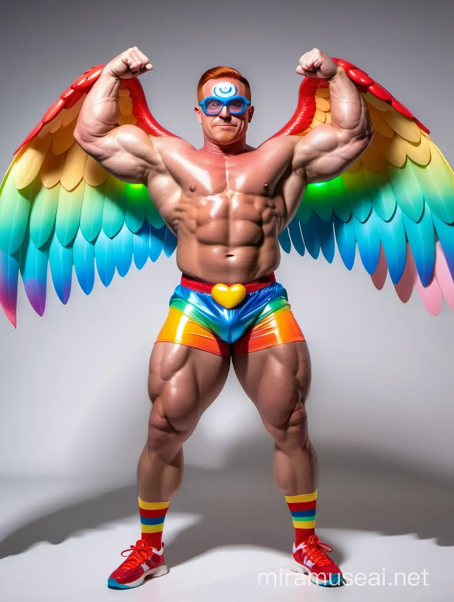 Muscular Red Head Bodybuilder Flexing with Rainbow Eagle Wings Jacket and Doraemon Goggles