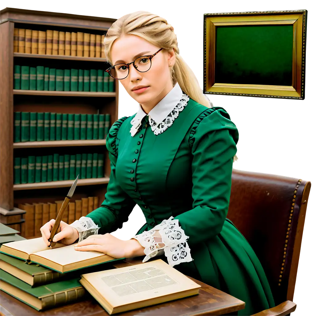a genealogist in her office, white skin, blonde hair, glasses, historical victorian style, drak green dress, old documents and books and tools on the desk