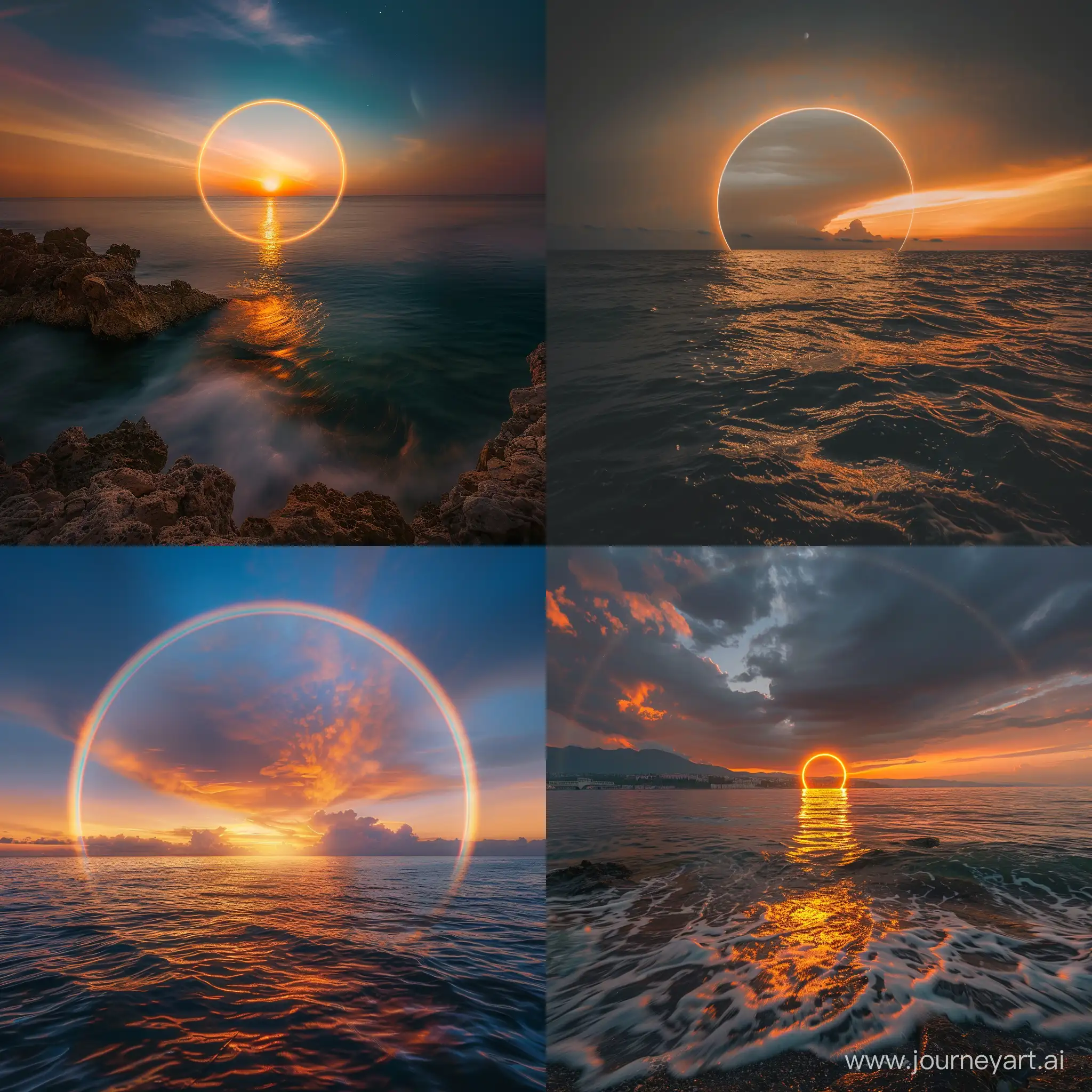 Professional Photography From Sea, A Little Rainbow Circle in the Middle of the Sea And Photo, Night, Golden Hour, Wide Shot, High Quality --v 6.0