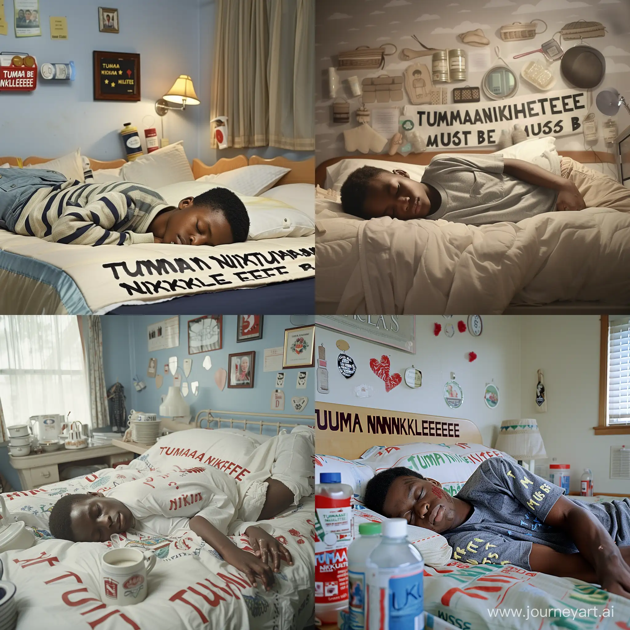 Young-Black-Student-Sleeping-Surrounded-by-Household-Items-with-Tumana-Nikuletee-Inscription