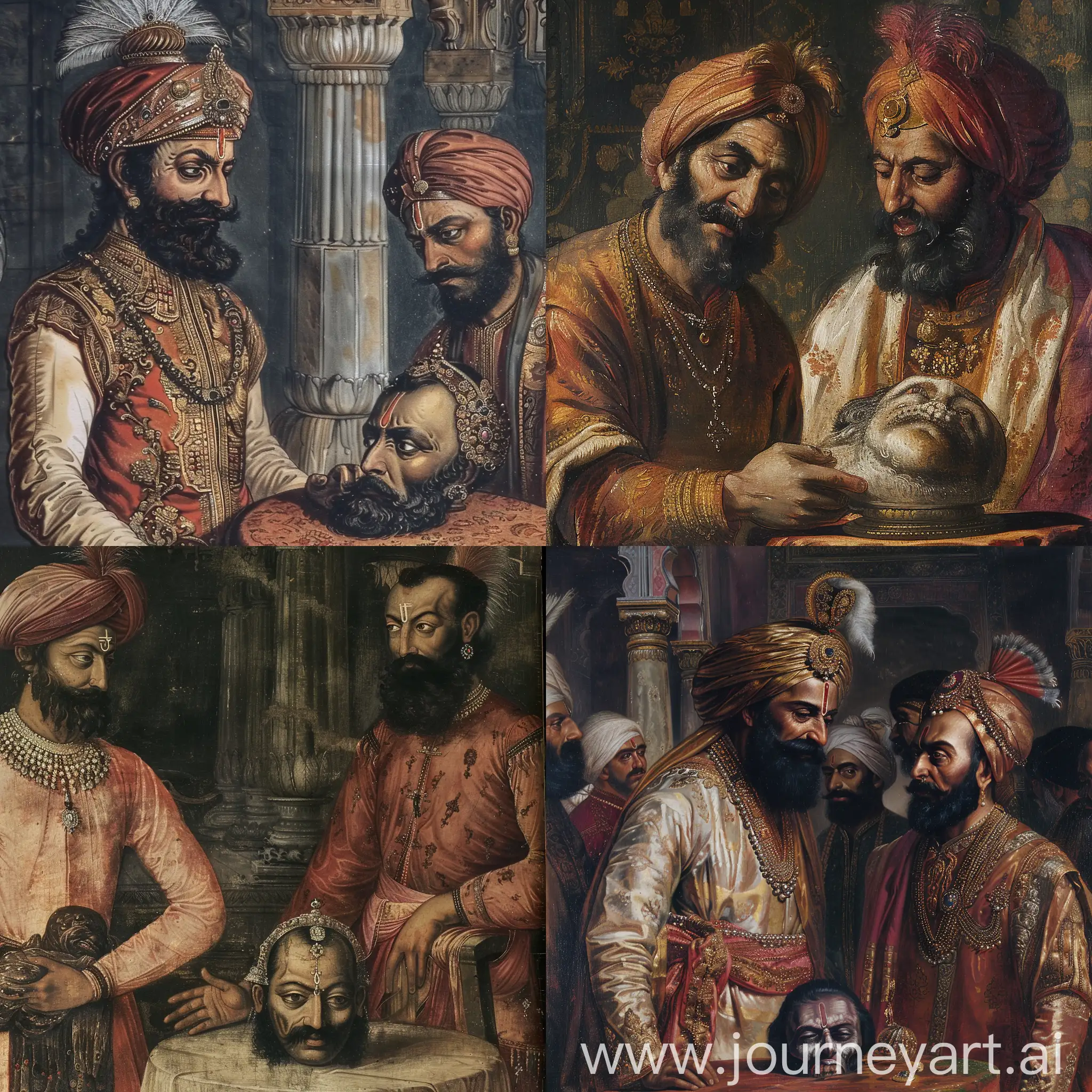 year is 1700 CE. Imagine cruel mughal ruler Aurangzeb examining the decapitated head of another mughal angrily. The head is kept on a table in front of Aurangzeb.