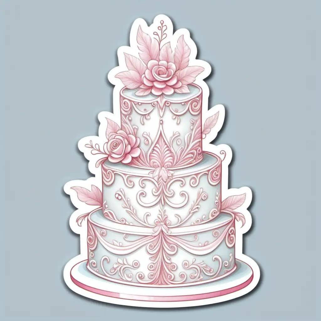 fairytale, whimsical, cartoon, pastel frosted in white and pink, wedding cake, delicatly decorated, intricate
floral background sticker, white background
