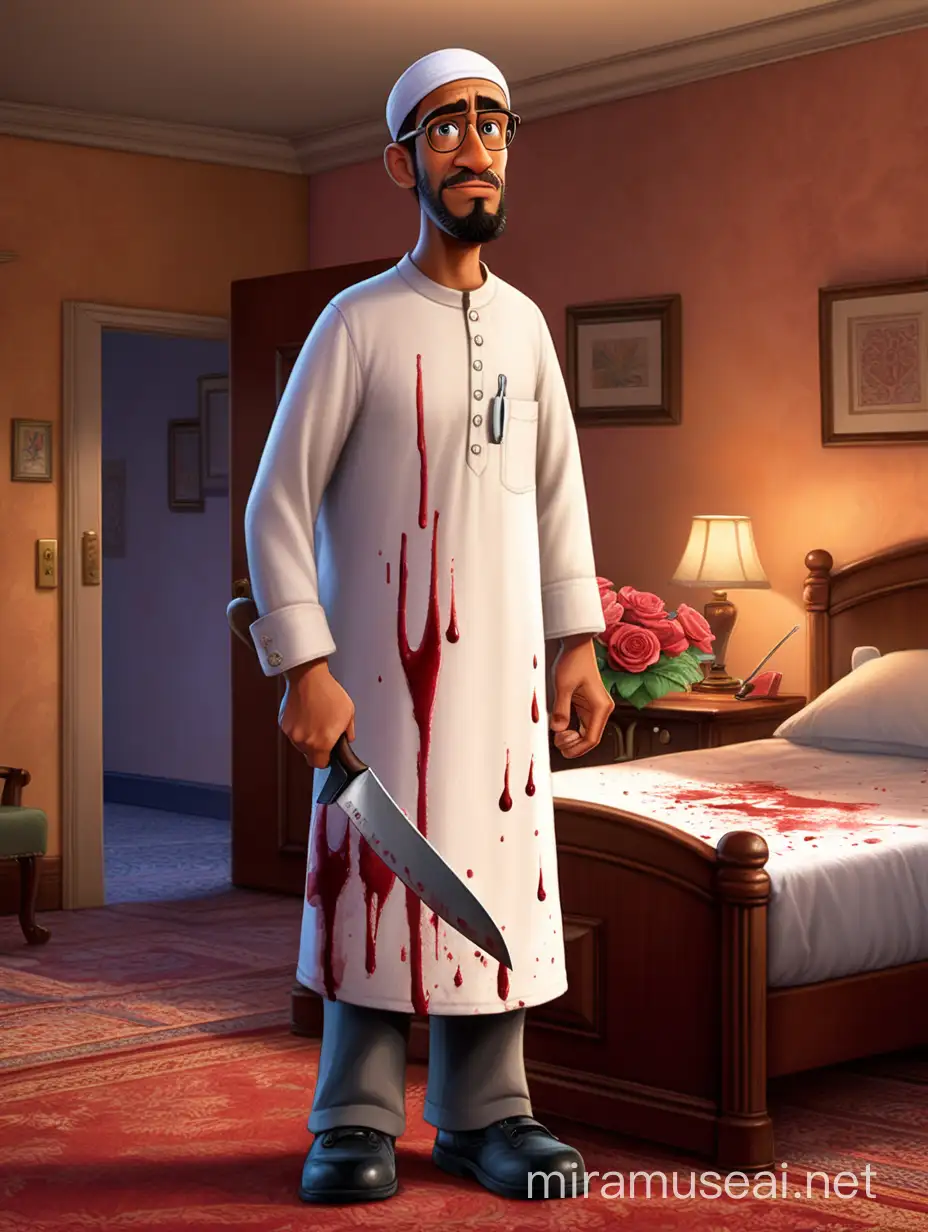 Create a Disney Pixar cartoon of a muslim man 30 years age, standing in a hotel room, blood in his dress, butcher's knife and flowers in his hand