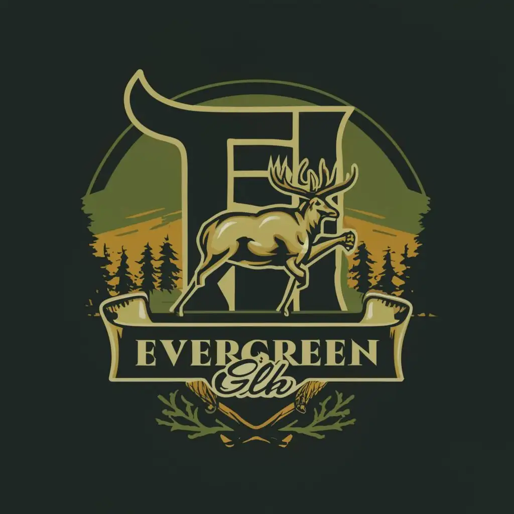 logo, The Letter "E" set in front of a baseball park outfield.  Majestic Elk. Color scheme of Black, Forest Green and Vegas Gold.  Done in a late 19th century motif., with the text ""Evergreen Elk"", typography, be used in Sports Fitness industry