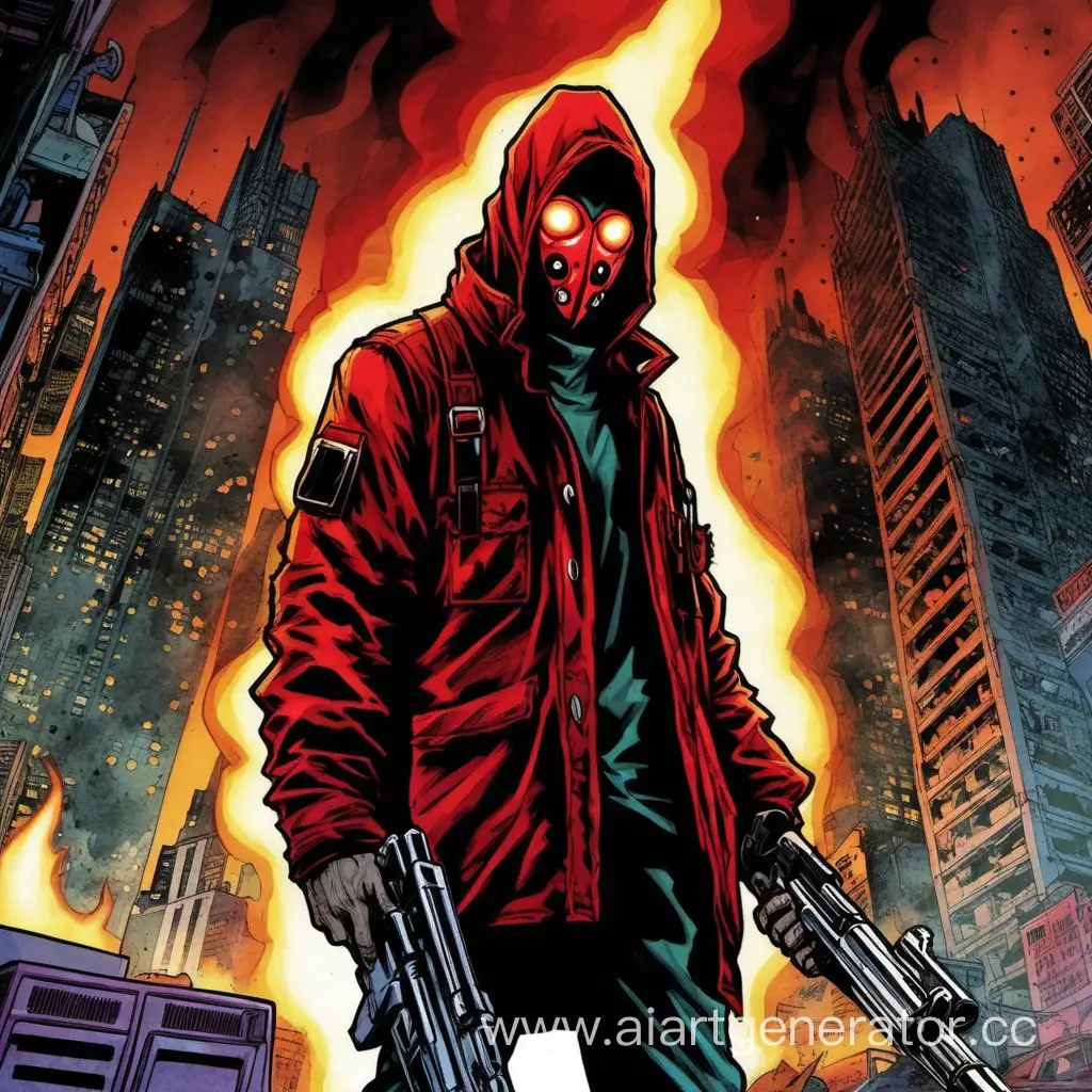 90s comics art, manga art, cyberpunk, rebel, pyromaniac, flamethrower, red mask, burning eyes, dark city background, colored