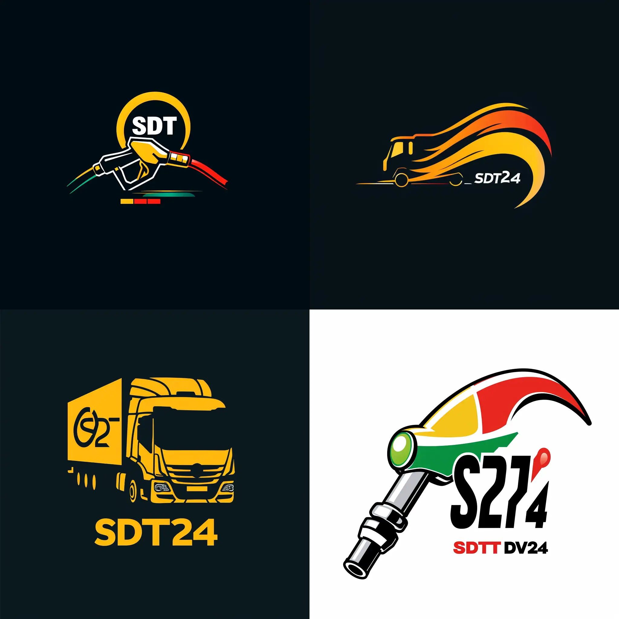 придумай логотип компании под названием SDT24, которая занимается доставкой топлива. логотип должен передавать смысл срочной доставки дизельного топлива, служба работае круглосуточно 24/7, и что доставка скоростная