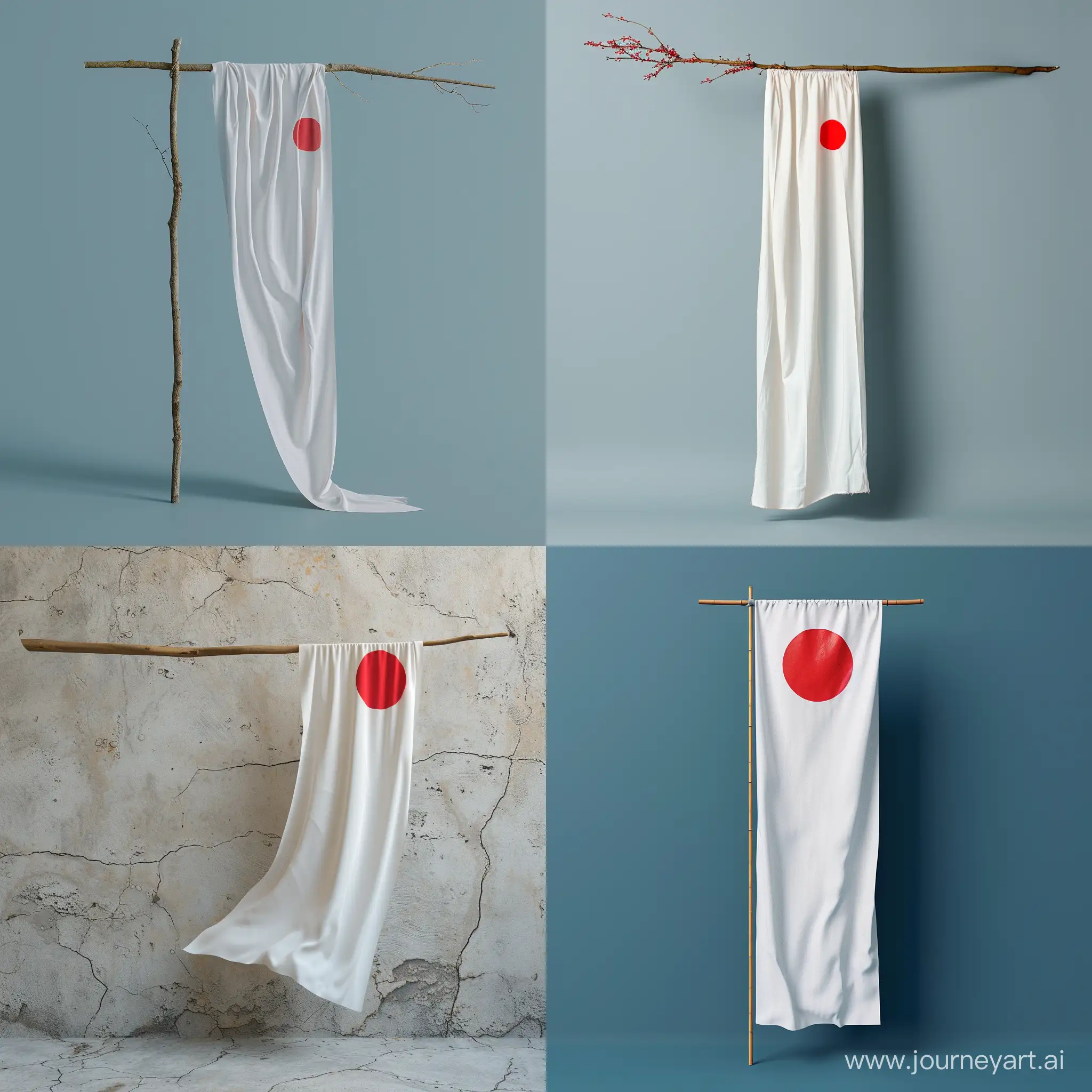 photo mockup of a long straight fabric hanging on a stick like a japanese flag