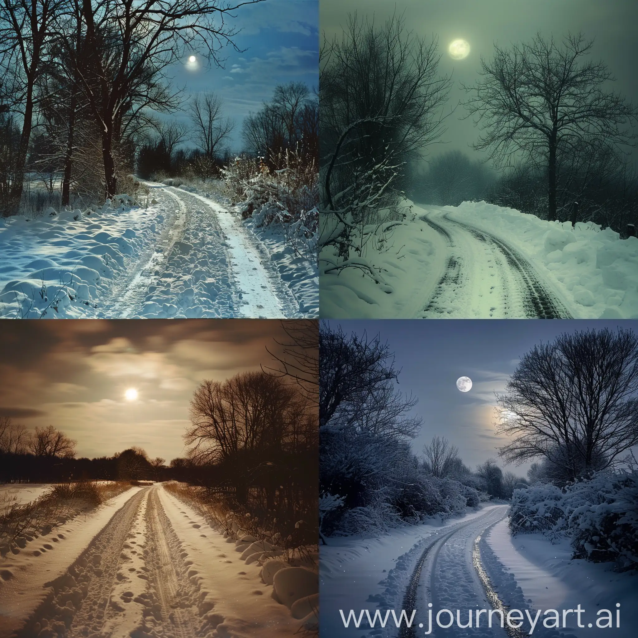 小路，大雪，一个人走在路上，月光