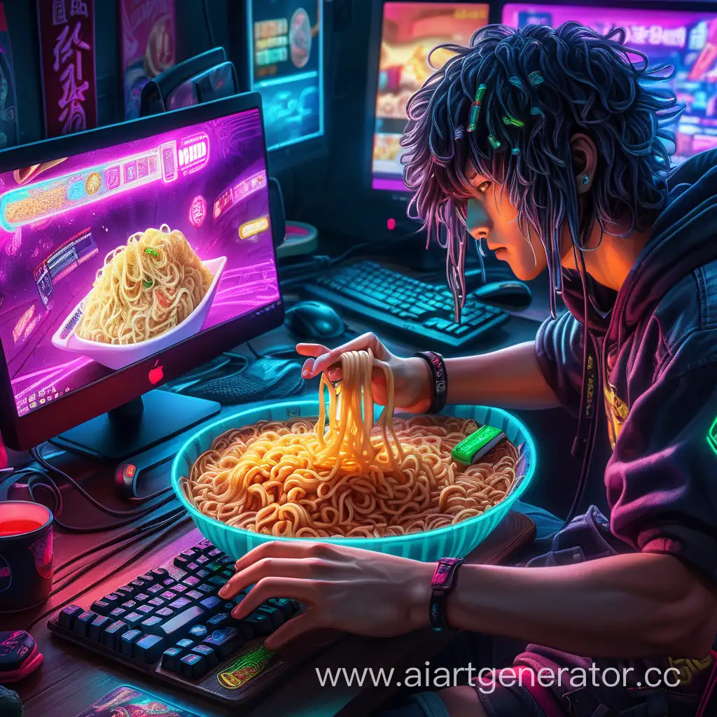 Gamer-Navigating-Cyberpunk-Cityscape-Amidst-Rainy-Neon-Streets