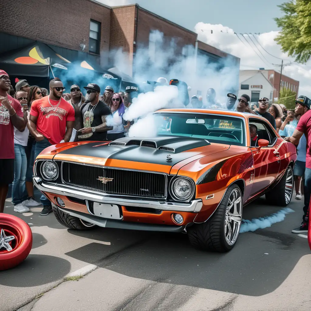 Create muscle car with 24 inch rims, smoking tires, african american street party setting
