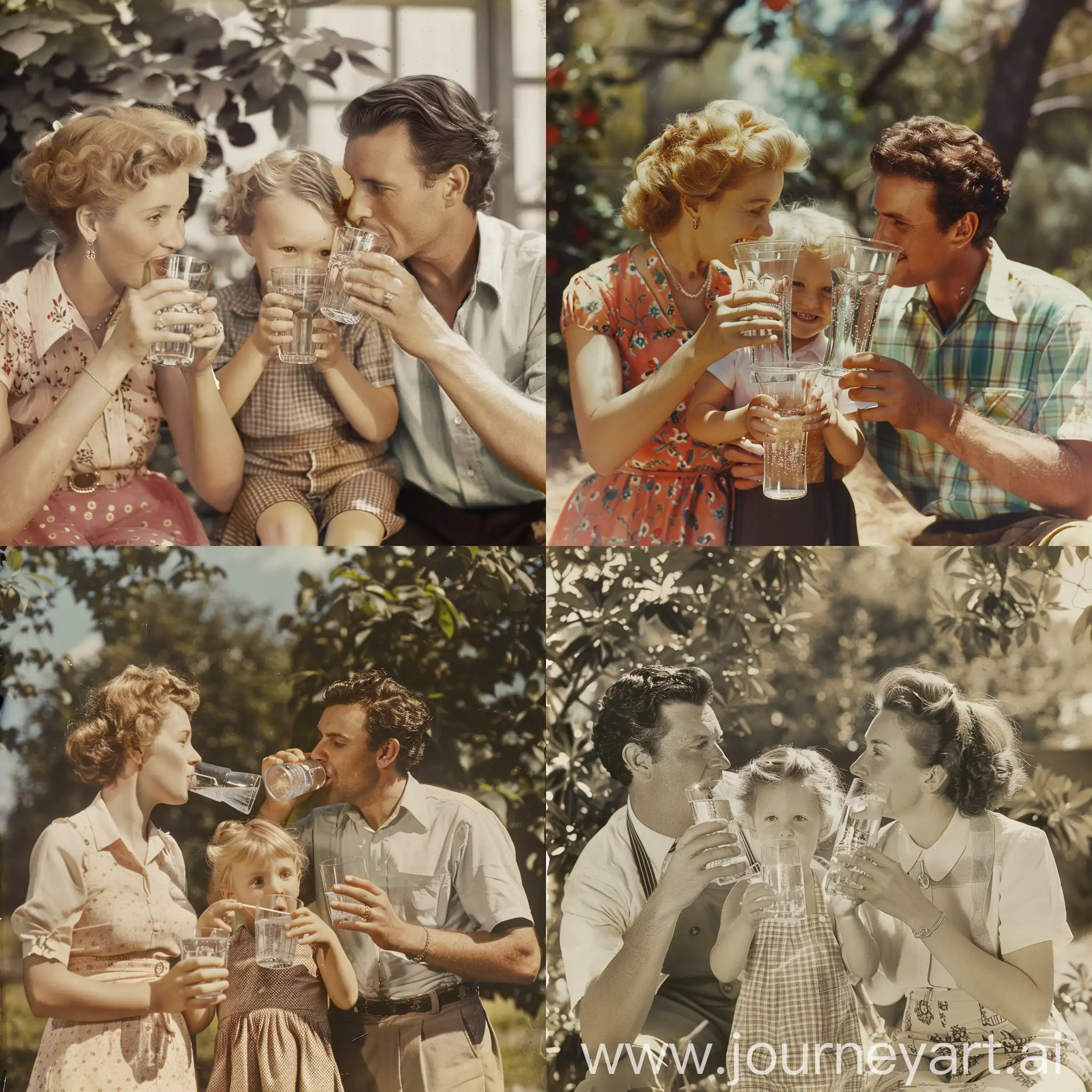 vintage photo of a cute family drinking water from transparent glasses