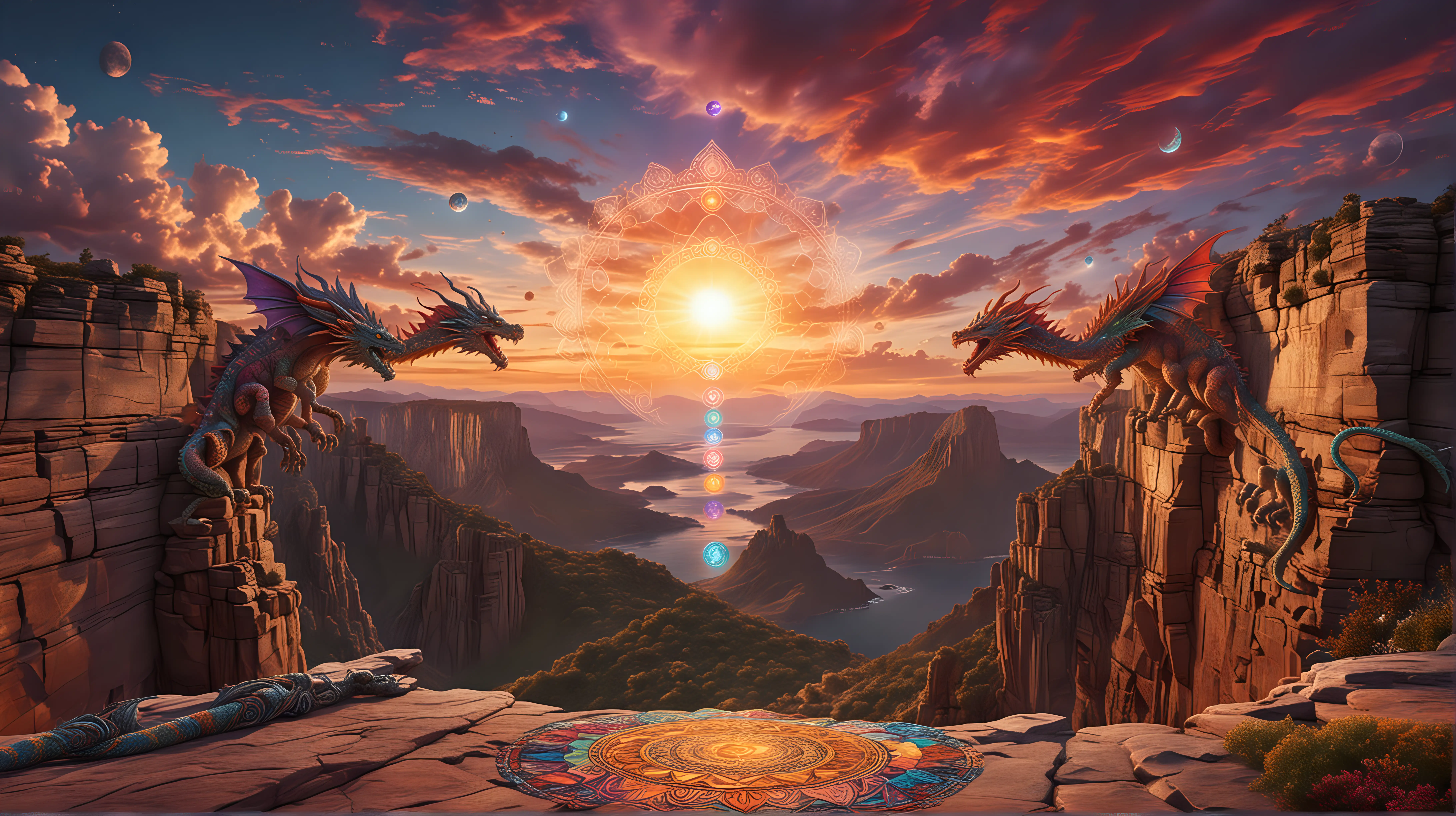 Psychedelic DMT visual on top of a scenic cliff on the edge of the universe at sunset with both the sun and moon visible. The clouds are shaped like dragons and there's 7 glowing chakra mandalas in the sky