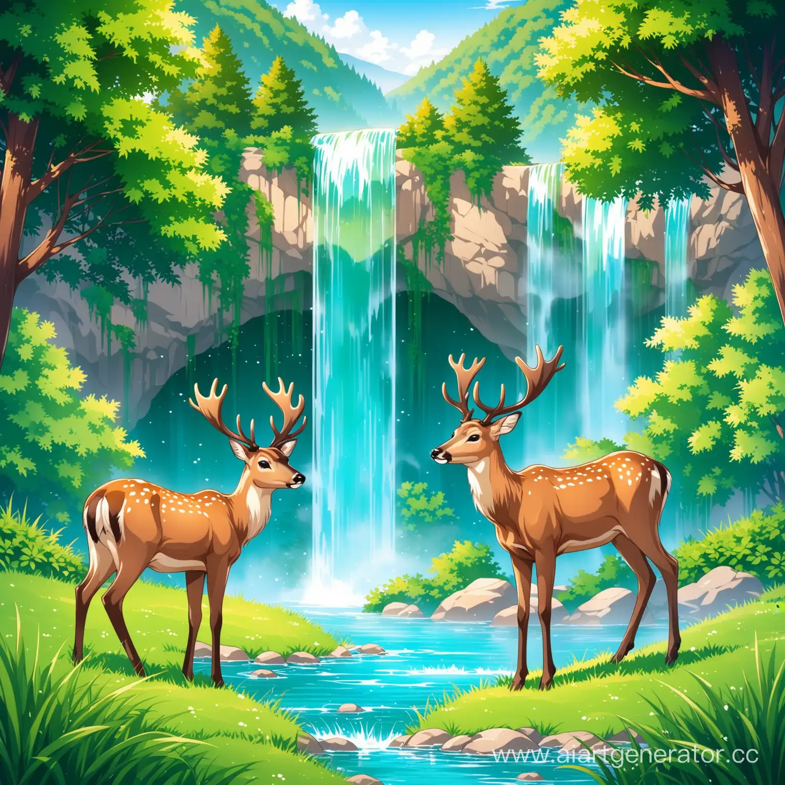 Tranquil-Waterfall-Scene-with-Grazing-Deer