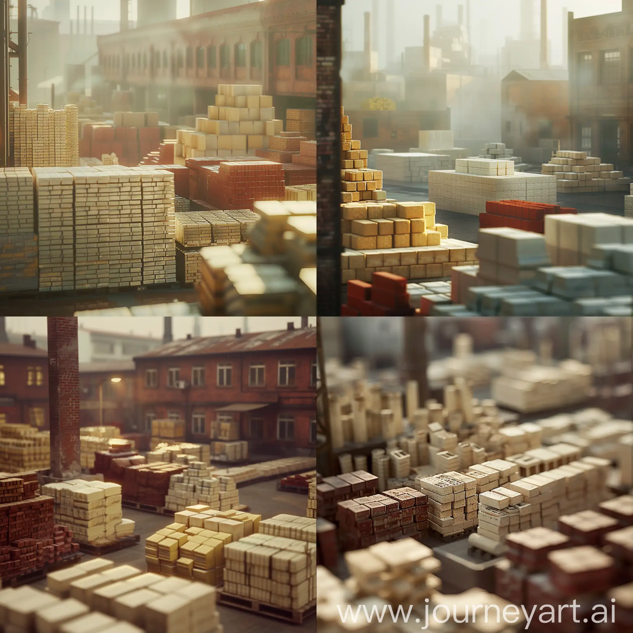a picture of a brick factory from medium level height, contains the factory and some stacks of creamish-yellowish color bricks and some stacks of redish color bricks, soft lighting, a bit less brightness