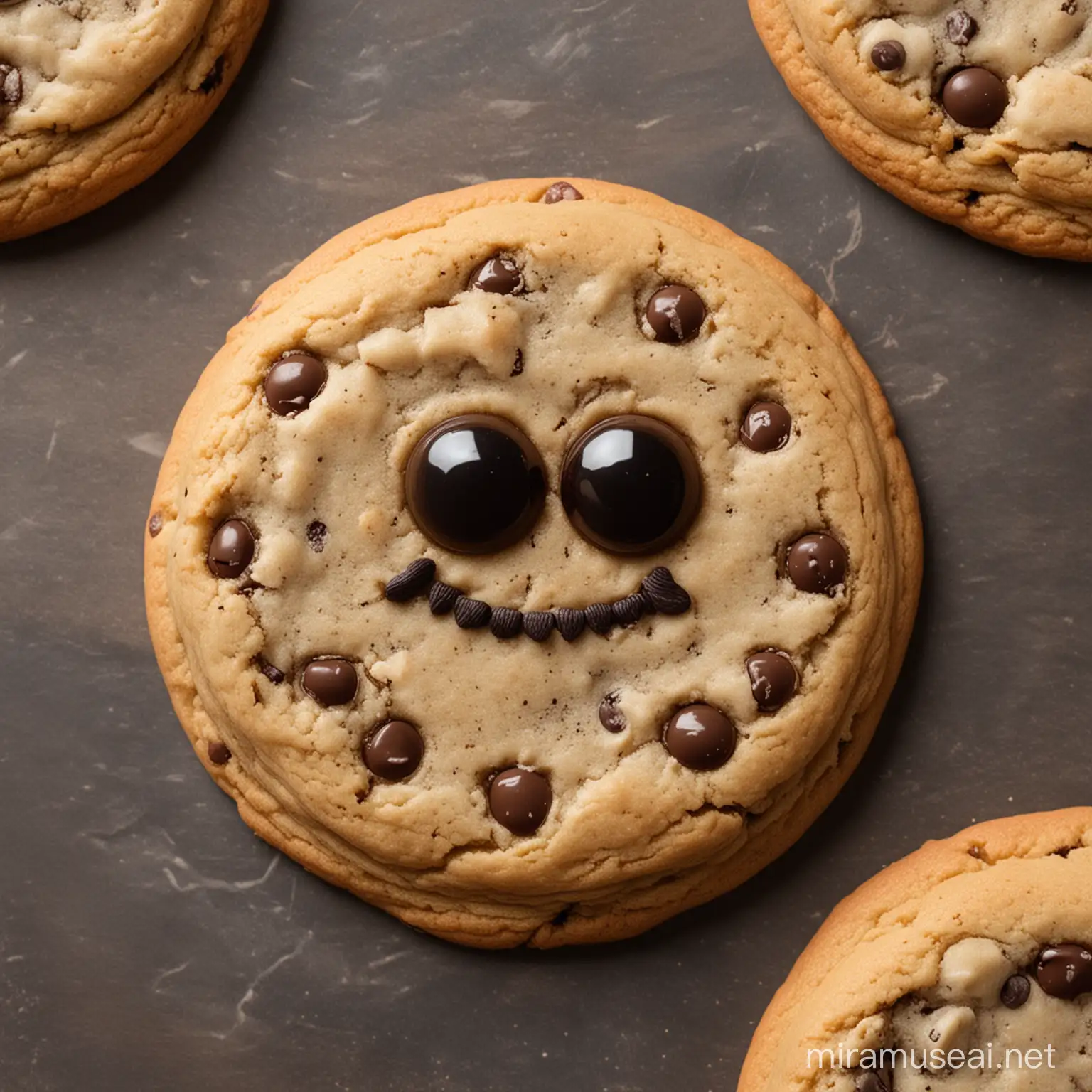 a chocolate chip cookie with arms and legs and a black eye