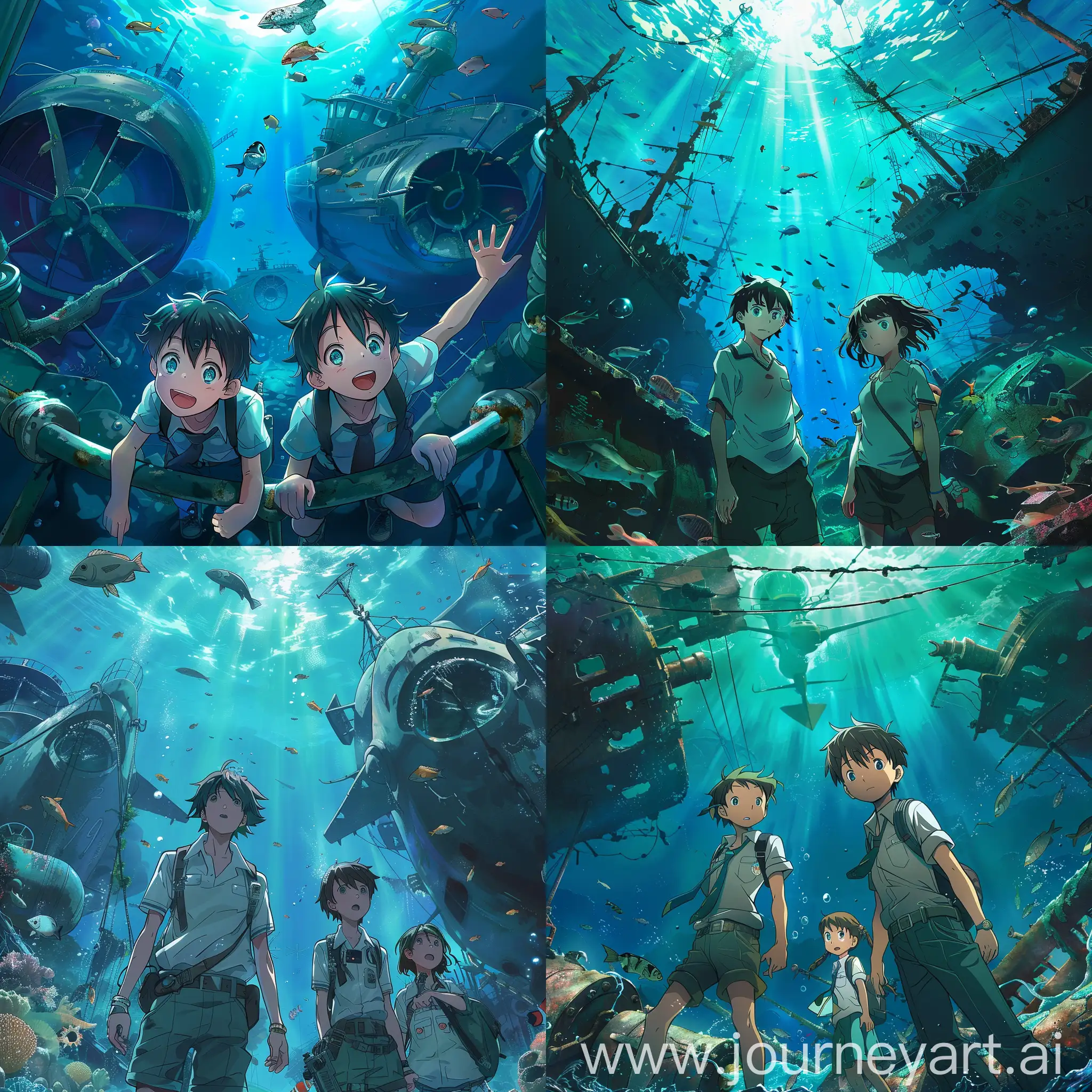 two boys and a girl, 13 years age, underwater, in deep sea exploration suite, so many ship wrecks, strange fishes, ship wrecks, anime style