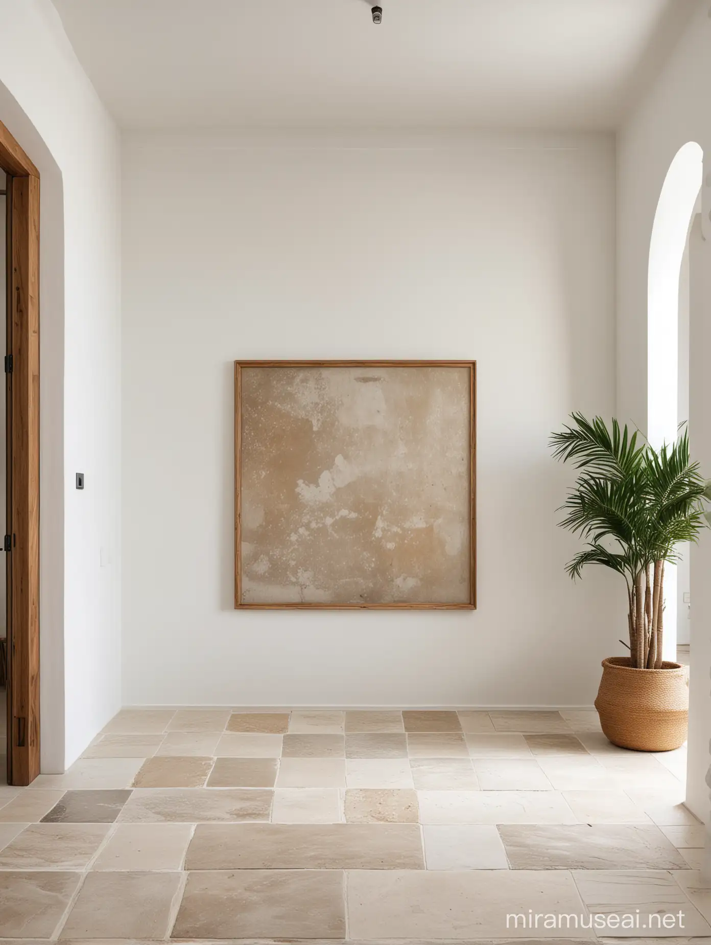 Stone floor . White wall. Wood frame square canvas on wall. Modern Mediterranean style living room.