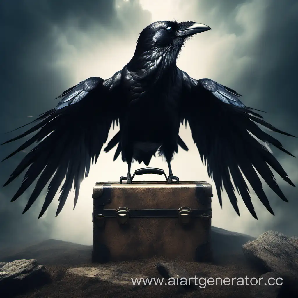 huge black raven hugs an ancient suitcase with its huge wings, dark fantasy, looking into the camera