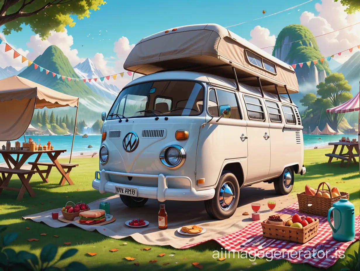 ground view messy in camper van, fill with picnic stuff near van, realistic 2d , game background, architecture, 2d art, game illustration