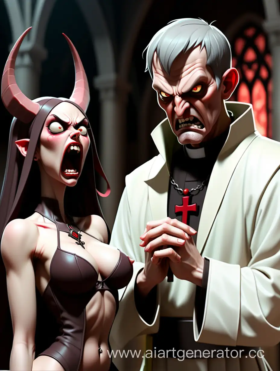 the priest man is angry at the succubus girl