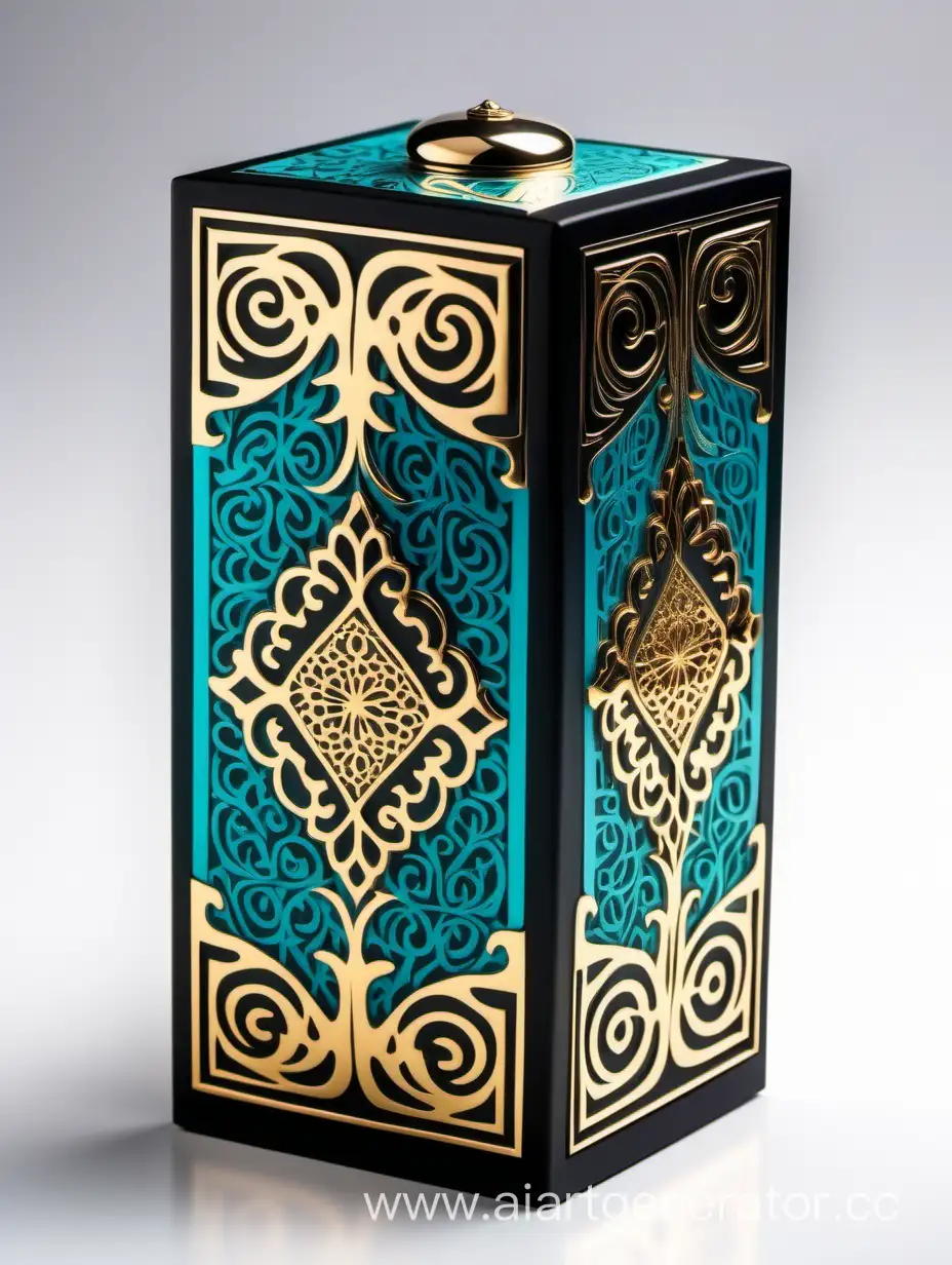 Dark dark matt black and gold Turquoise  luxury perfume rectangle vertical box 75% lines with arabesque pattern on white background