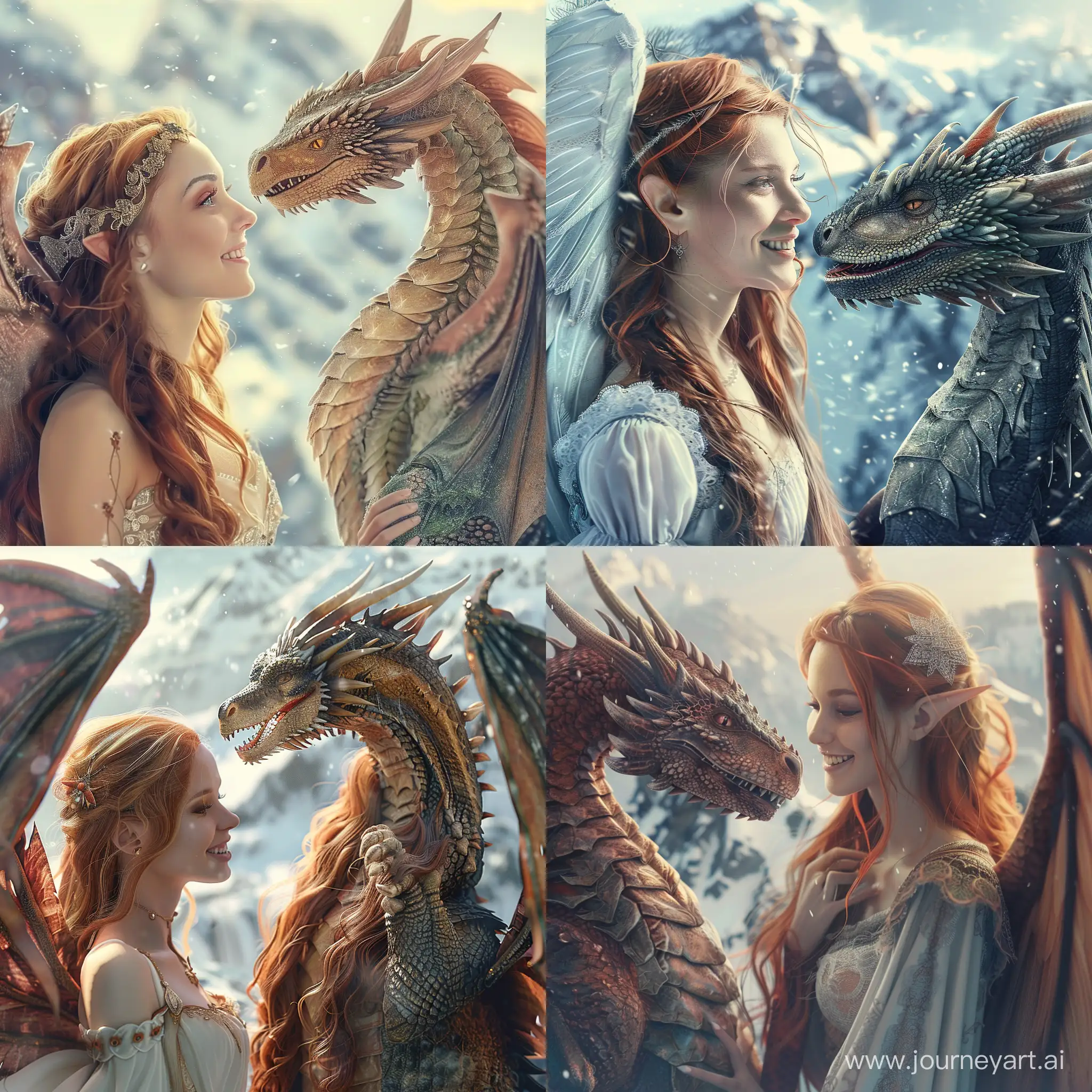 A beautiful  medieval woman with angel wings and delicate facial features and  long flowing red hair smiling at her dragon companion. Background of snowy mountains. Beautiful magical fantasy mysterious etheral highly detailed. 